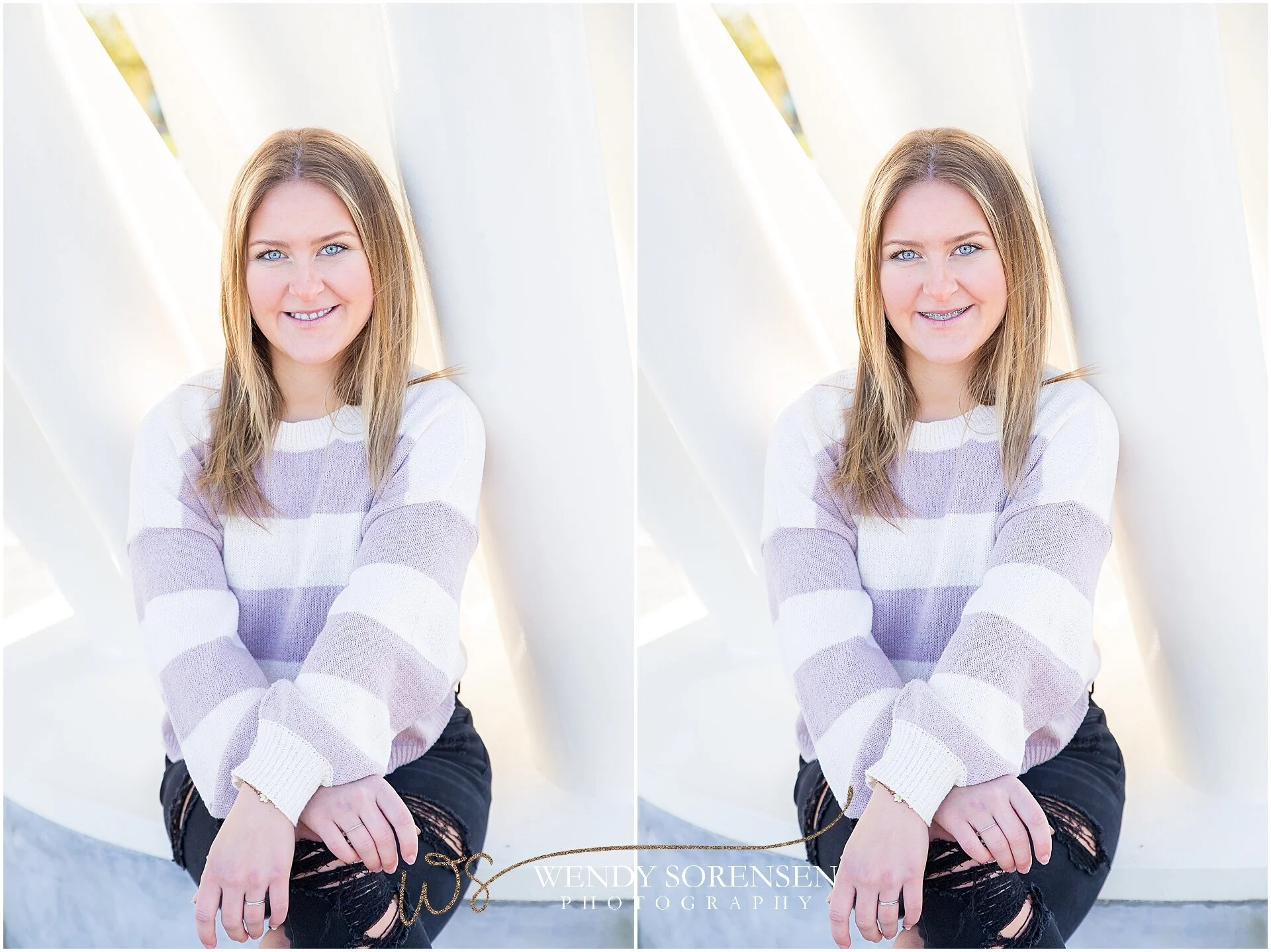 Before and after of braces removal from senior pictures.  Photo by Des Moines senior photographer Wendy Sorensen.