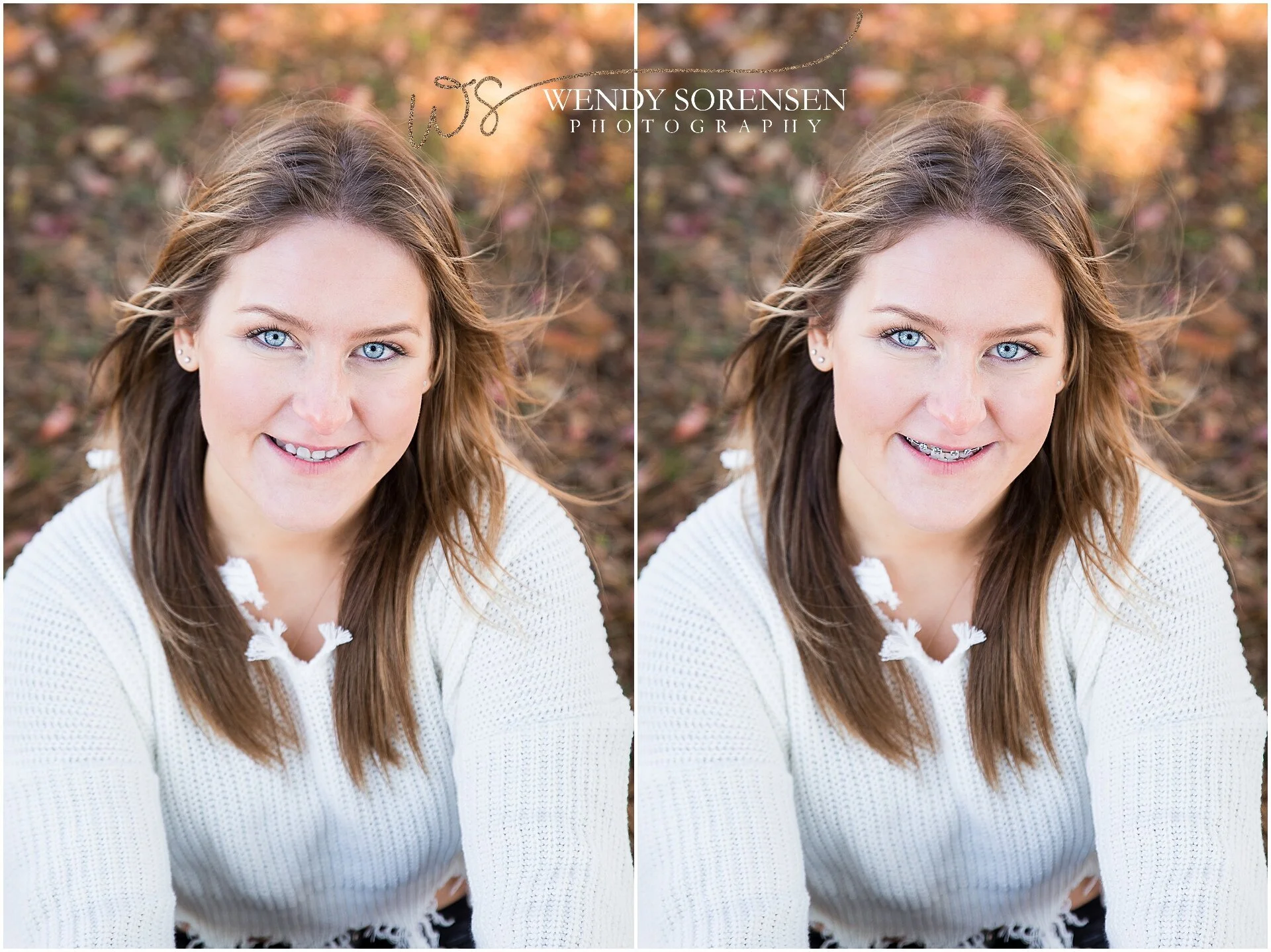 Before and after of braces removal from senior pictures in Des Moines, Iowa.