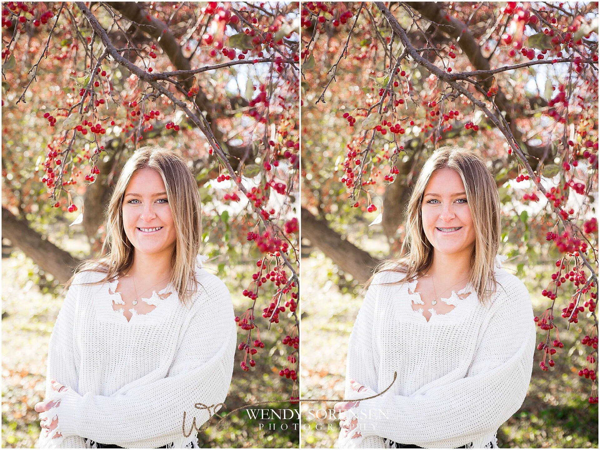 Before and after of braces being removed in editing from senior pictures.