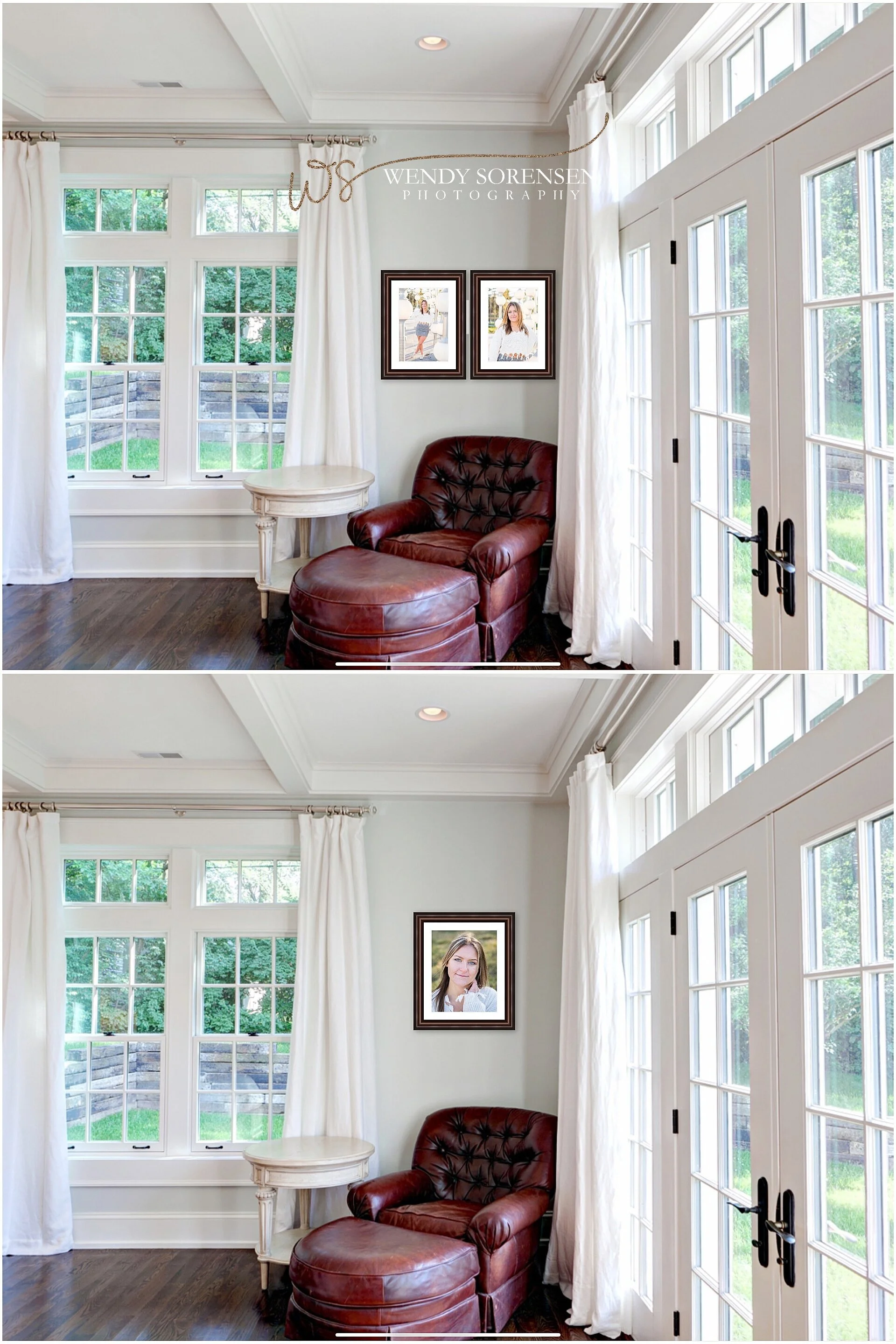 Mock up of a living room wall with two framed & matted portraits on the wall above a leather chair.