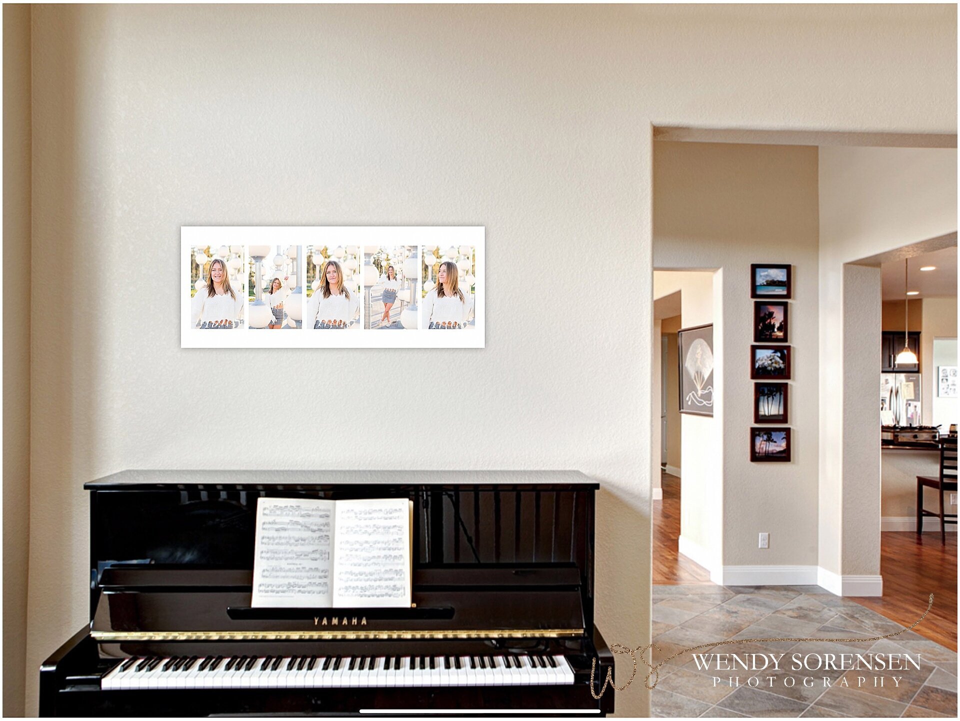 Mock up of a 5 image collage above a piano.