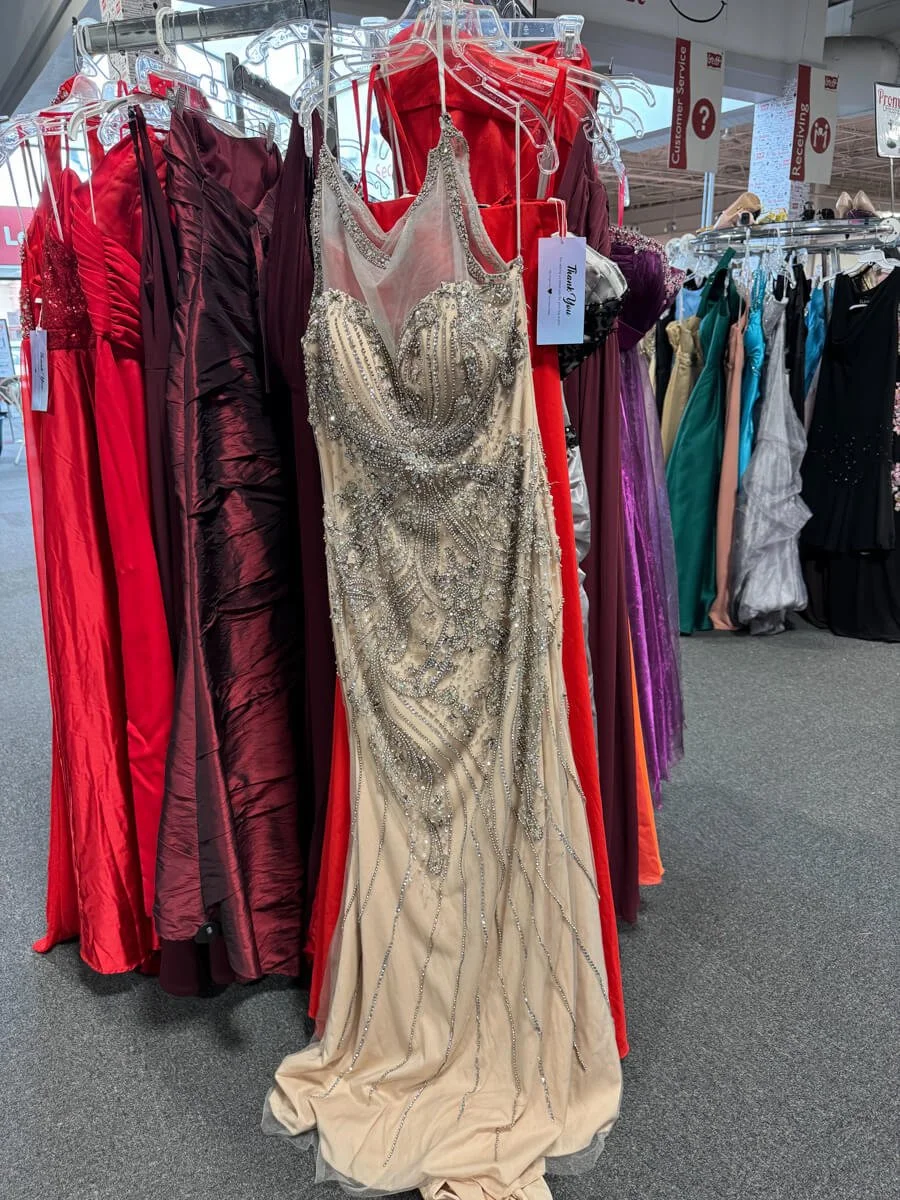 Rack of gently used prom dresses at Stuff Etc in Clive, Iowa.
