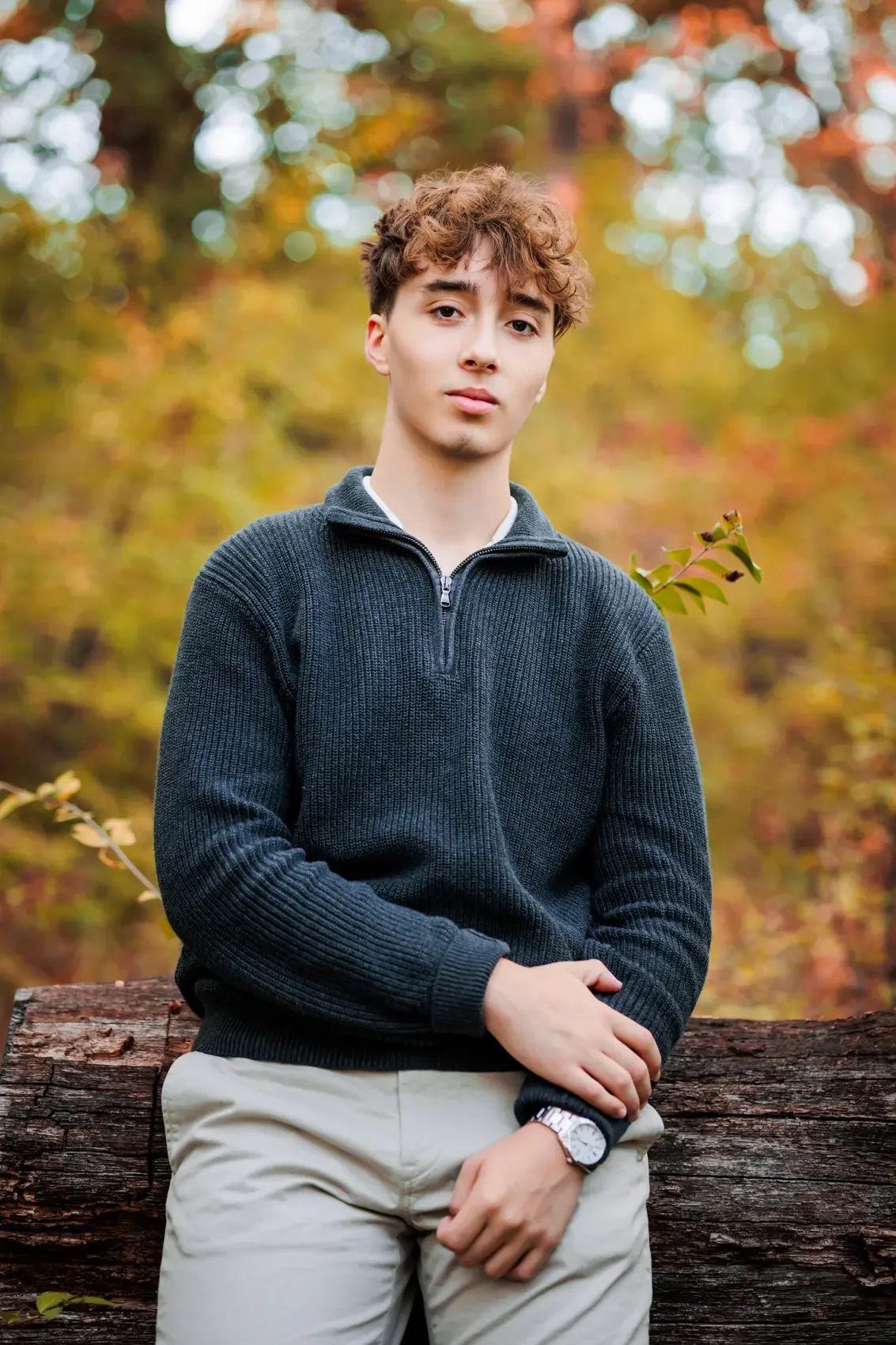 Teenage boy with curly brown hair posing for senior pictures, wearing a dark gray zip-up sweater and beige pants, standing in front of a fallen log in a park with autumn foliage.