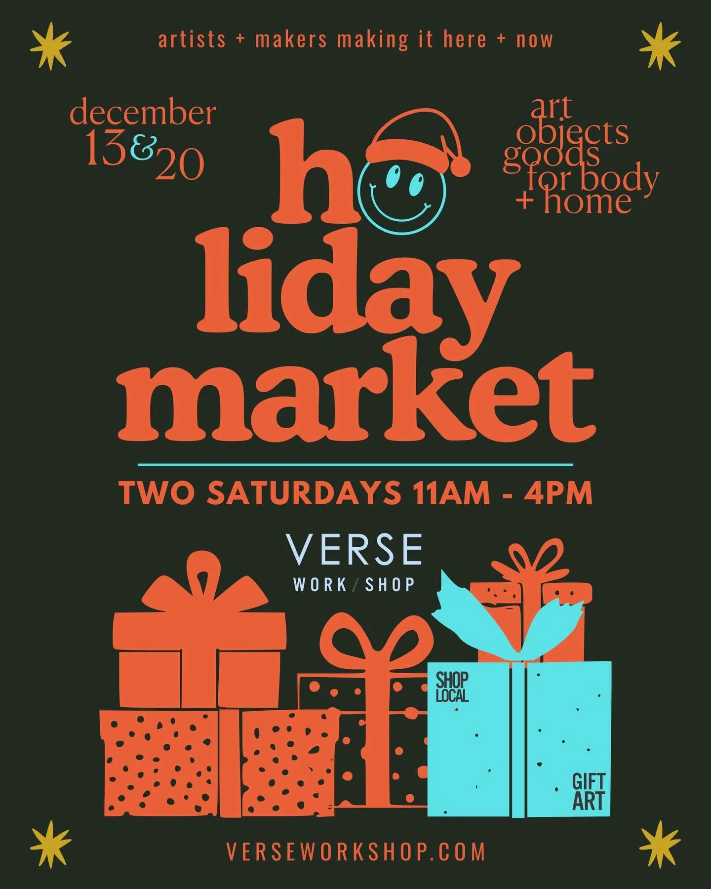 We are thrilled to announce that we will be joined by so many friends, new and old, at Verse to celebrate the Holidays this year for our VERSE HOLIDAY MARKET.

Please join us on THE FOLLOWING TWO SATURDAYS, December 13th &amp; December 20th, from 11A
