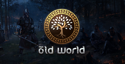Logo featuring a tree inside a circular Greek key border with the text 'Old World' below, set against a dark forest background with characters in medieval armor and clothing.
