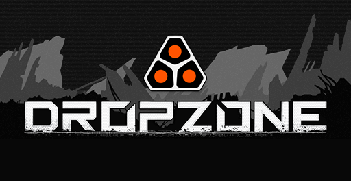 Logo for Dropzone featuring a triangular icon with three circular shapes inside, set against a dark background with mountain peaks.
