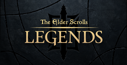 Logo for the Elder Scrolls Legends video game with a black cracked background, gold text, and a star-shaped symbol.
