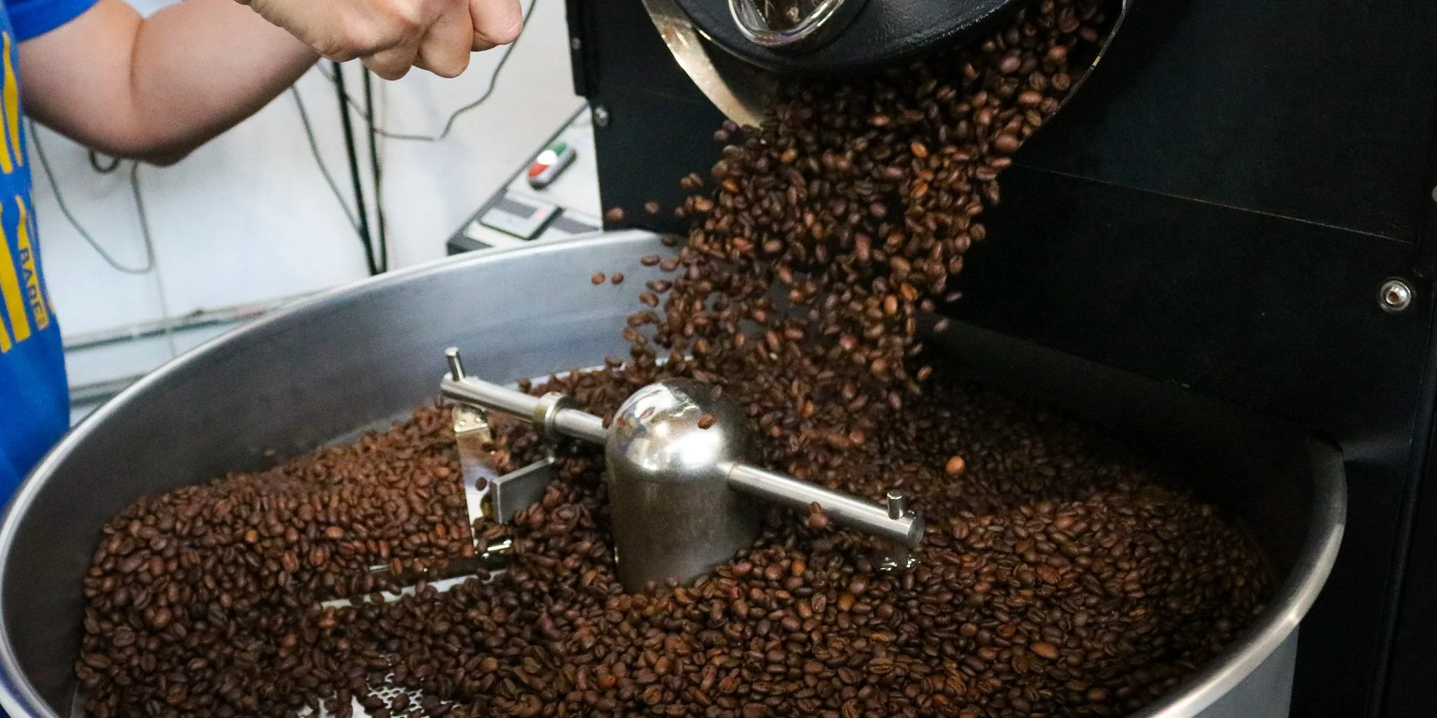Close-up of roasted coffee beans being poured into a stainless steel container for grinding.