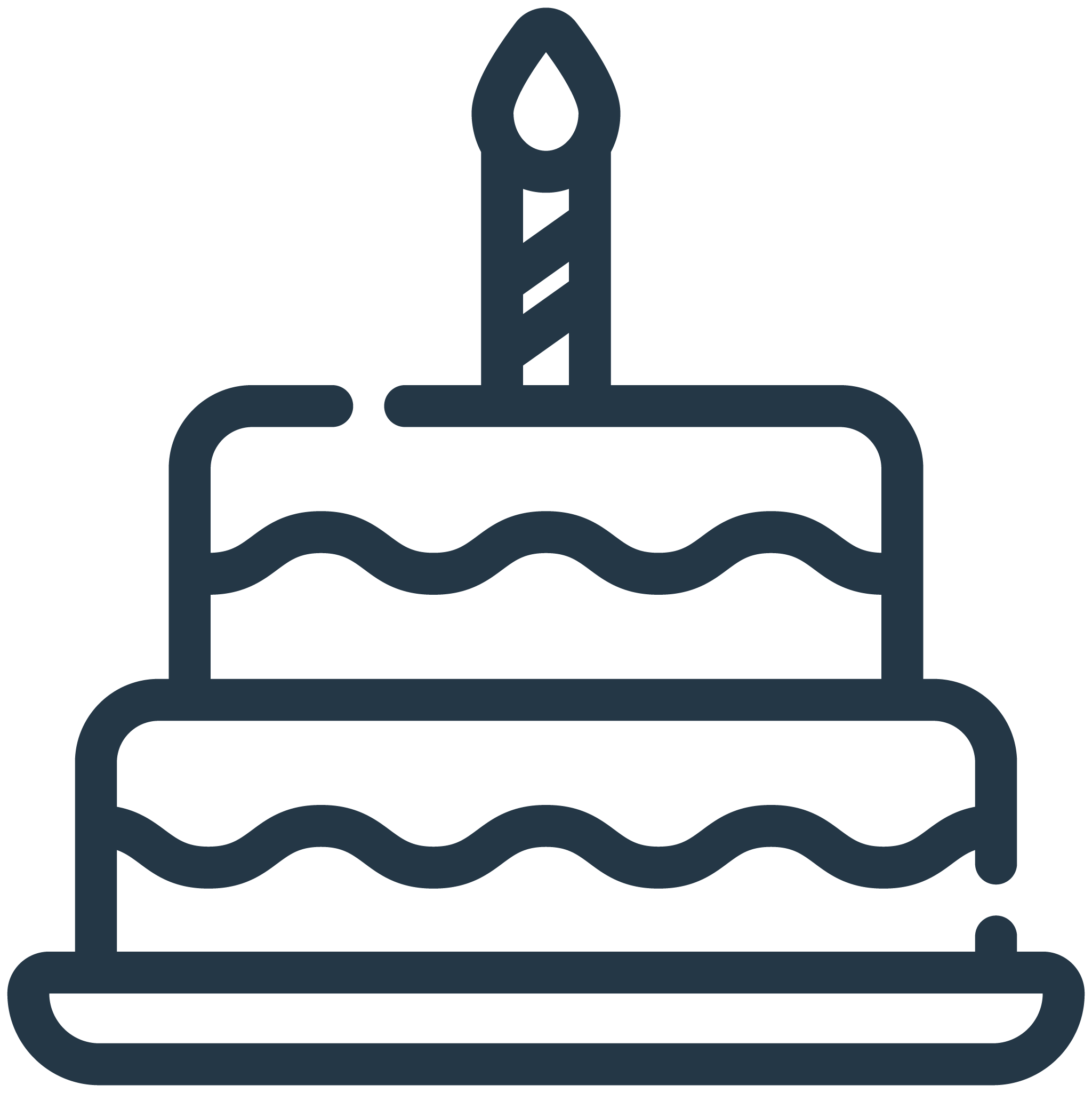 Outline illustration of a layered birthday cake with three tiers, wavy icing lines, and a single candle on top.