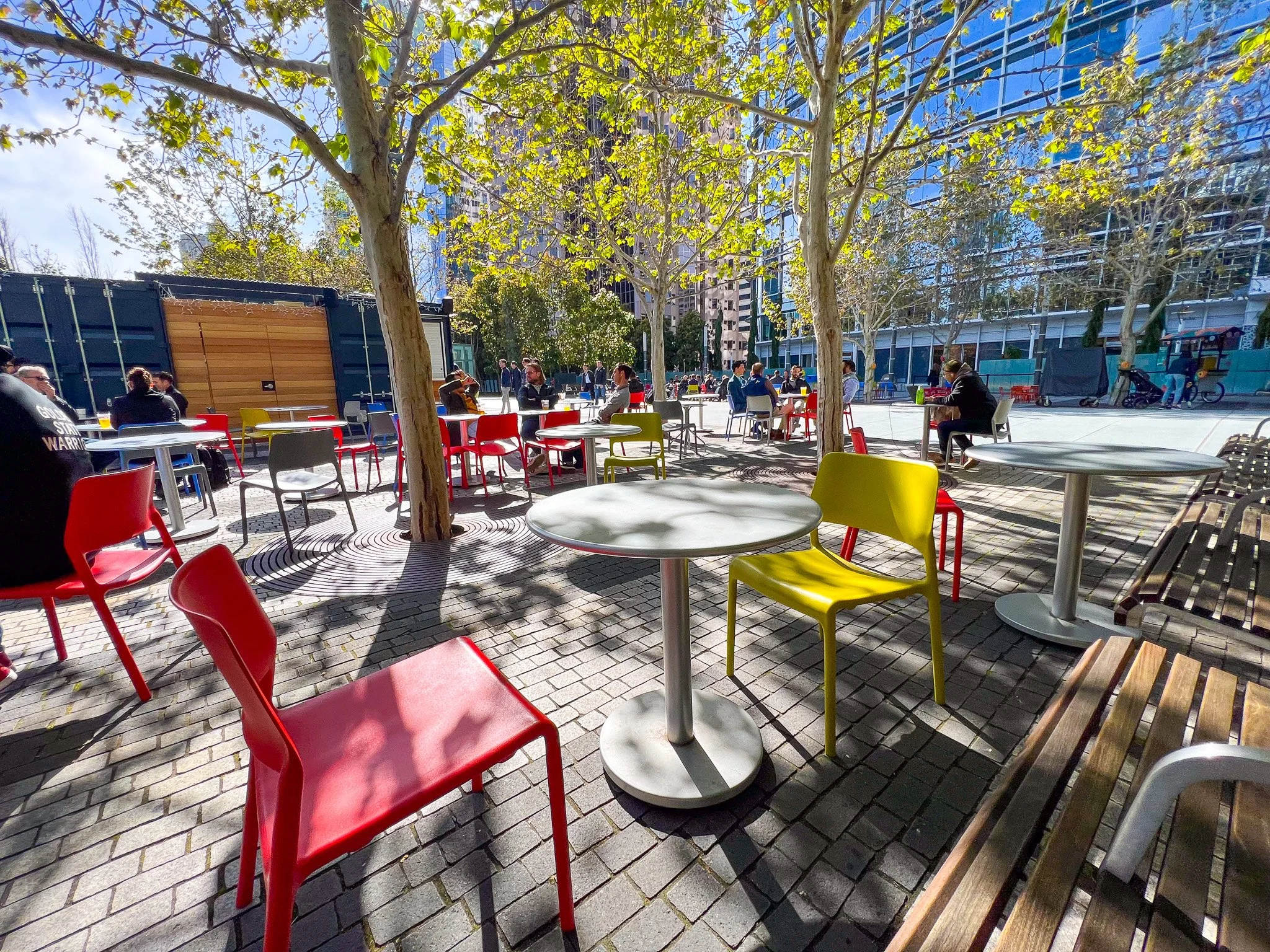 People sitting at our Salesforce Park beer garden