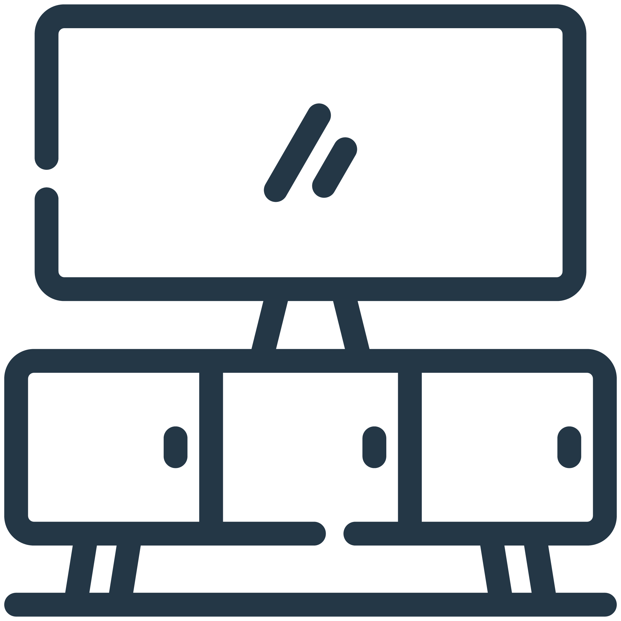 Outline icon of a television mounted above a media cabinet with three compartments.