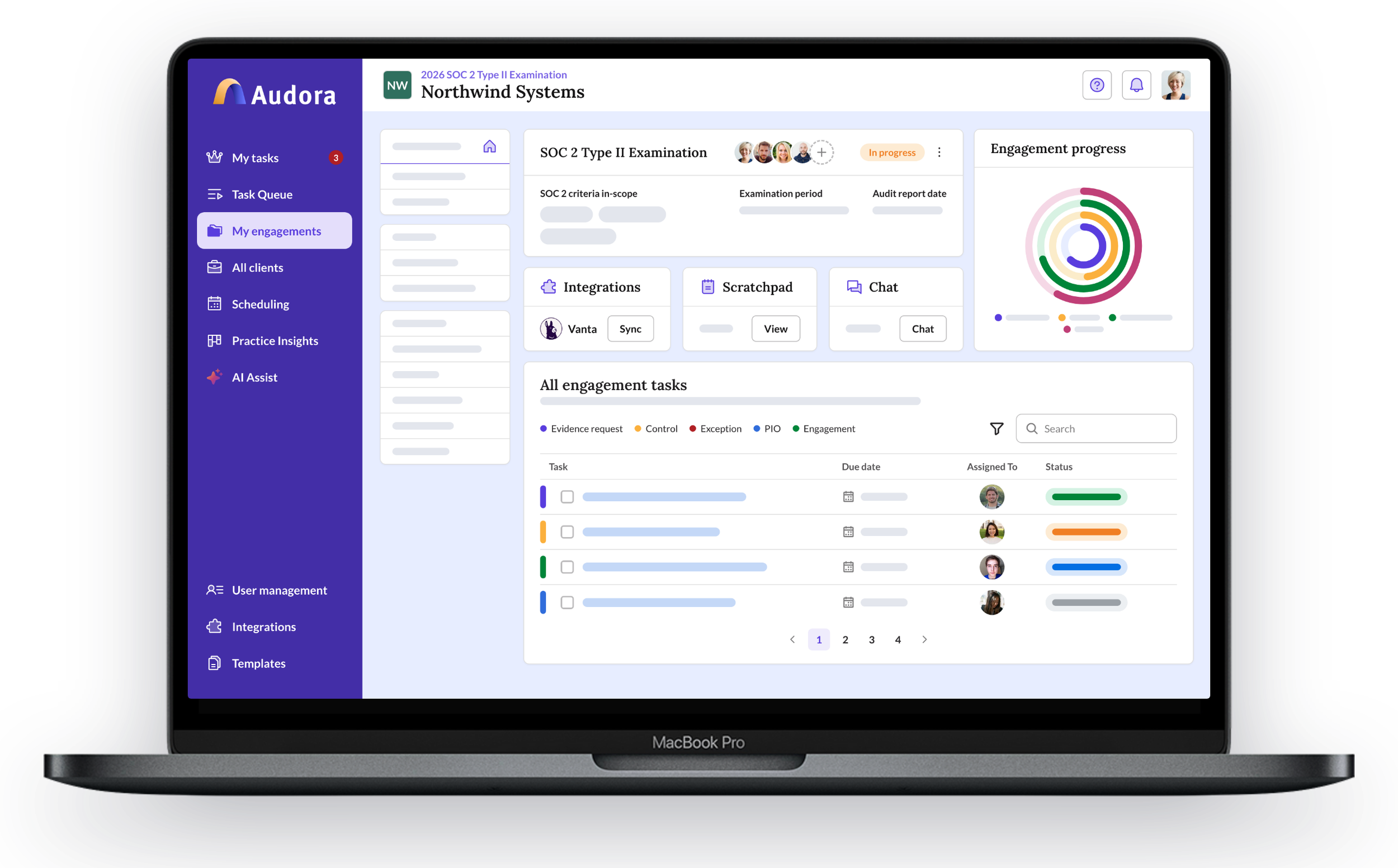 Audora engagement dashboard on a laptop
