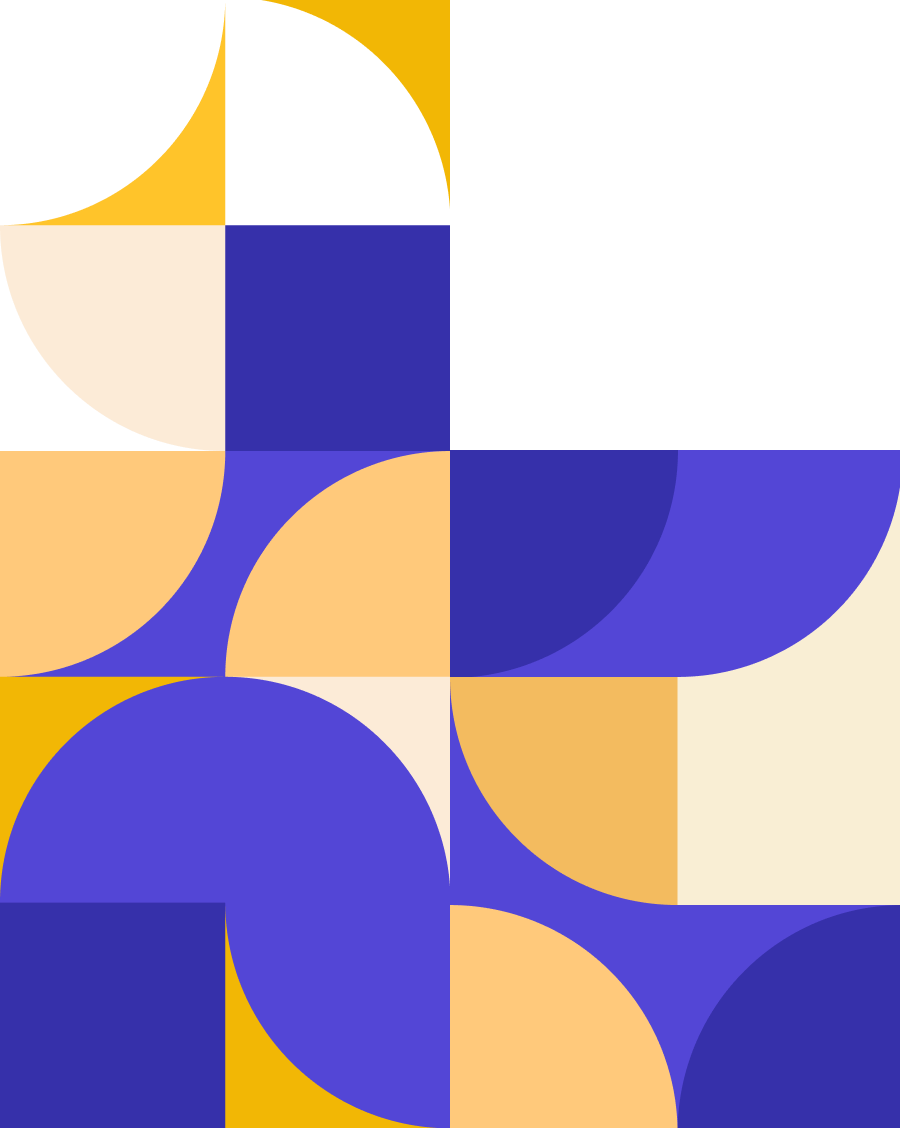 Abstract geometric design with a pattern of semi-circles, quarter circles, and squares in black, yellow, blue, beige, and white colors.  Symbol of Audora.