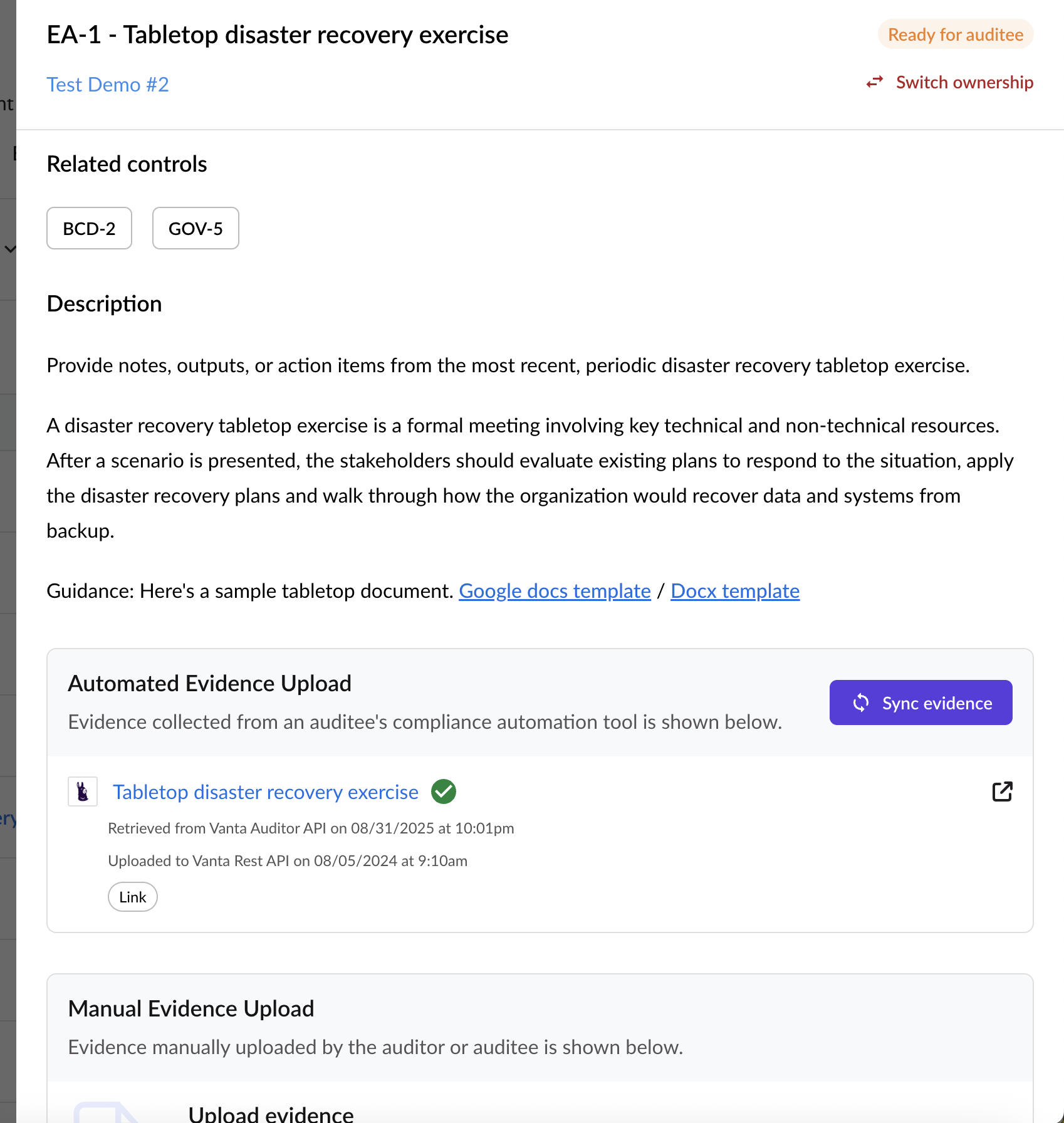 Screenshot of a webpage displaying a disaster recovery exercise for a tablet, including related controls, description, and evidence upload sections.