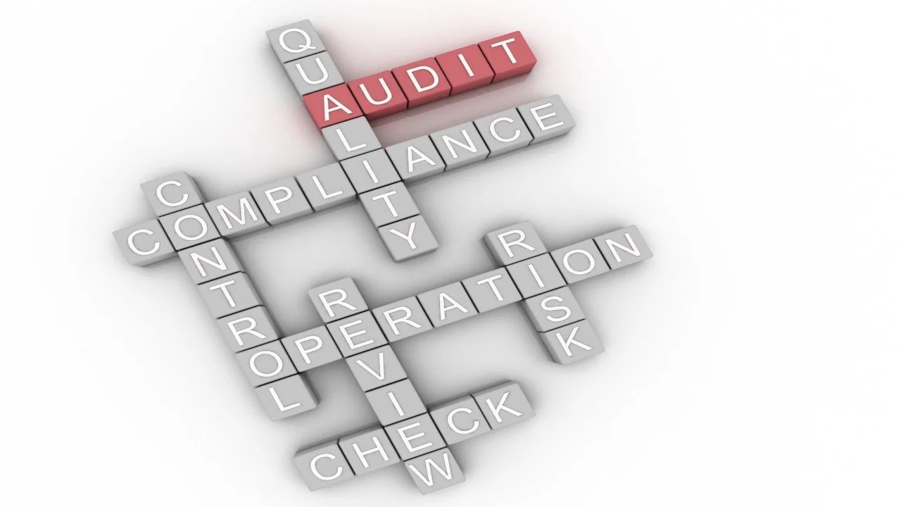A crossword of audit terms, including audit, compliance, control, and review