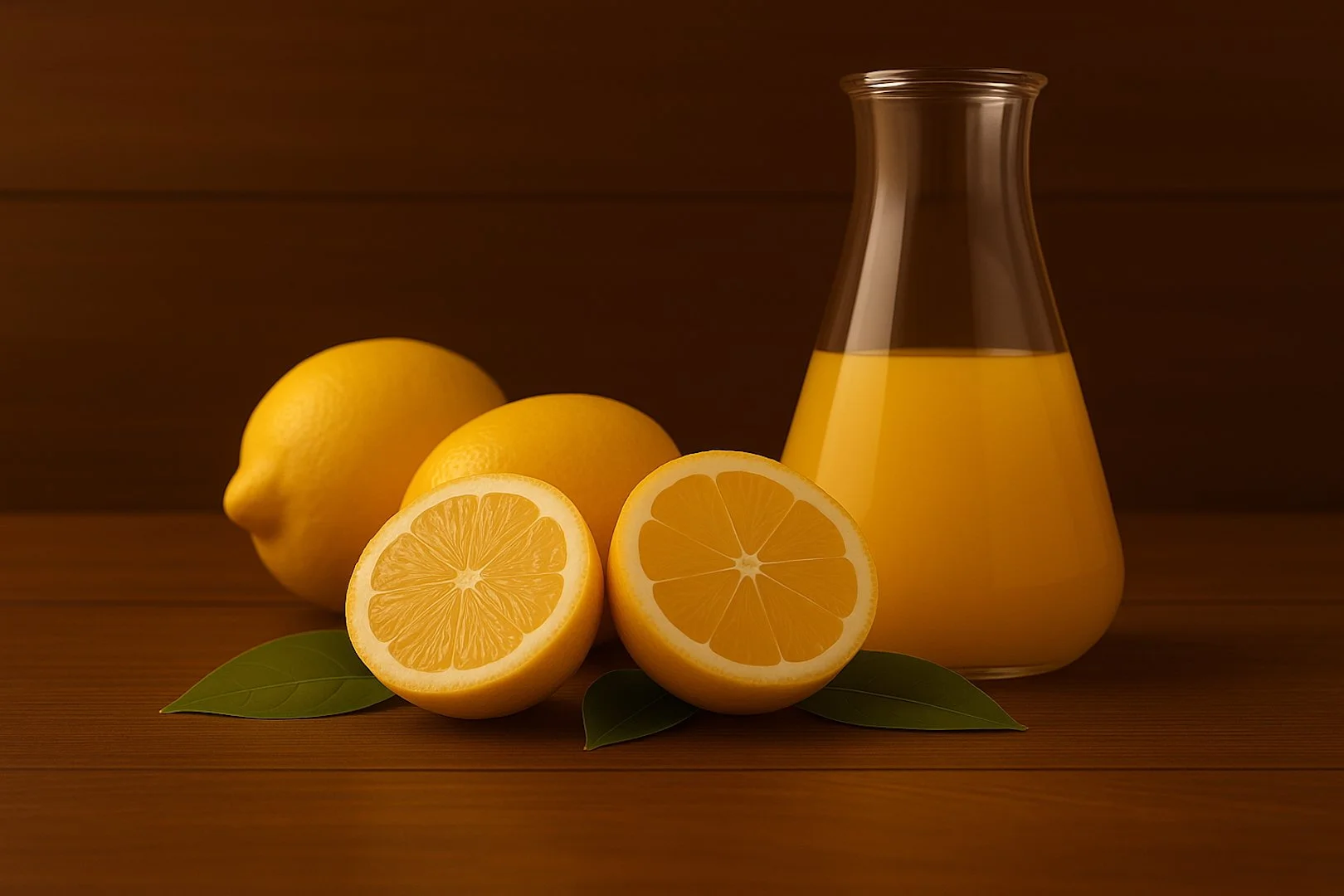 Lemons, a glass flask filled with lemon juice, and green leaves on a wooden surface.