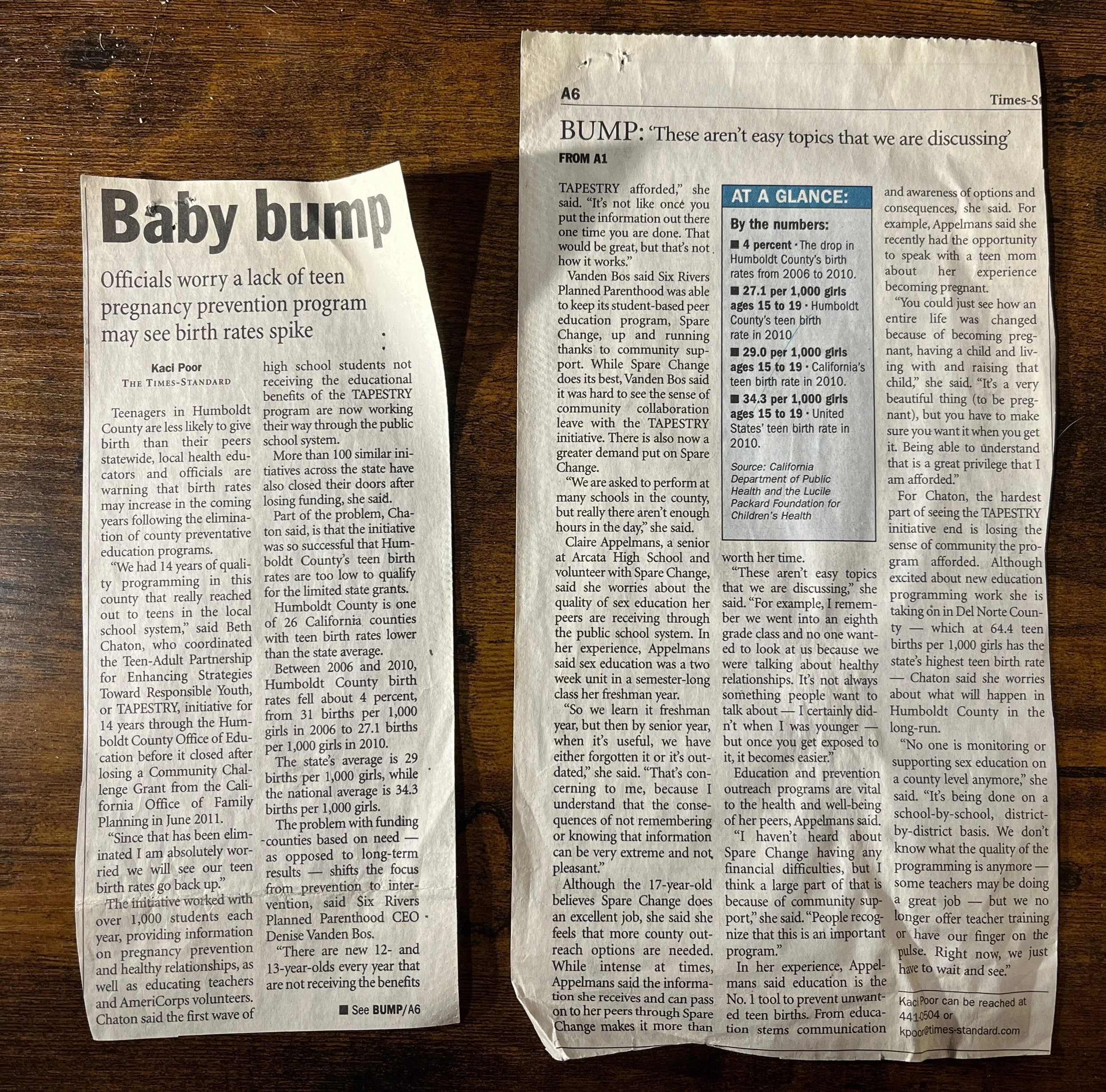 2013 newspaper clipping of article about pregnancy prevention in Humboldt County, CA.