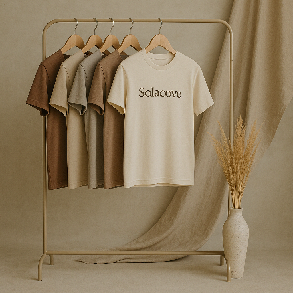 Five short-sleeve T-shirts in neutral shades hanging on a beige clothing rack, with the front shirt labeled 'Solacove', and a beige vase with dried pampas grass beside it, against a beige fabric backdrop.