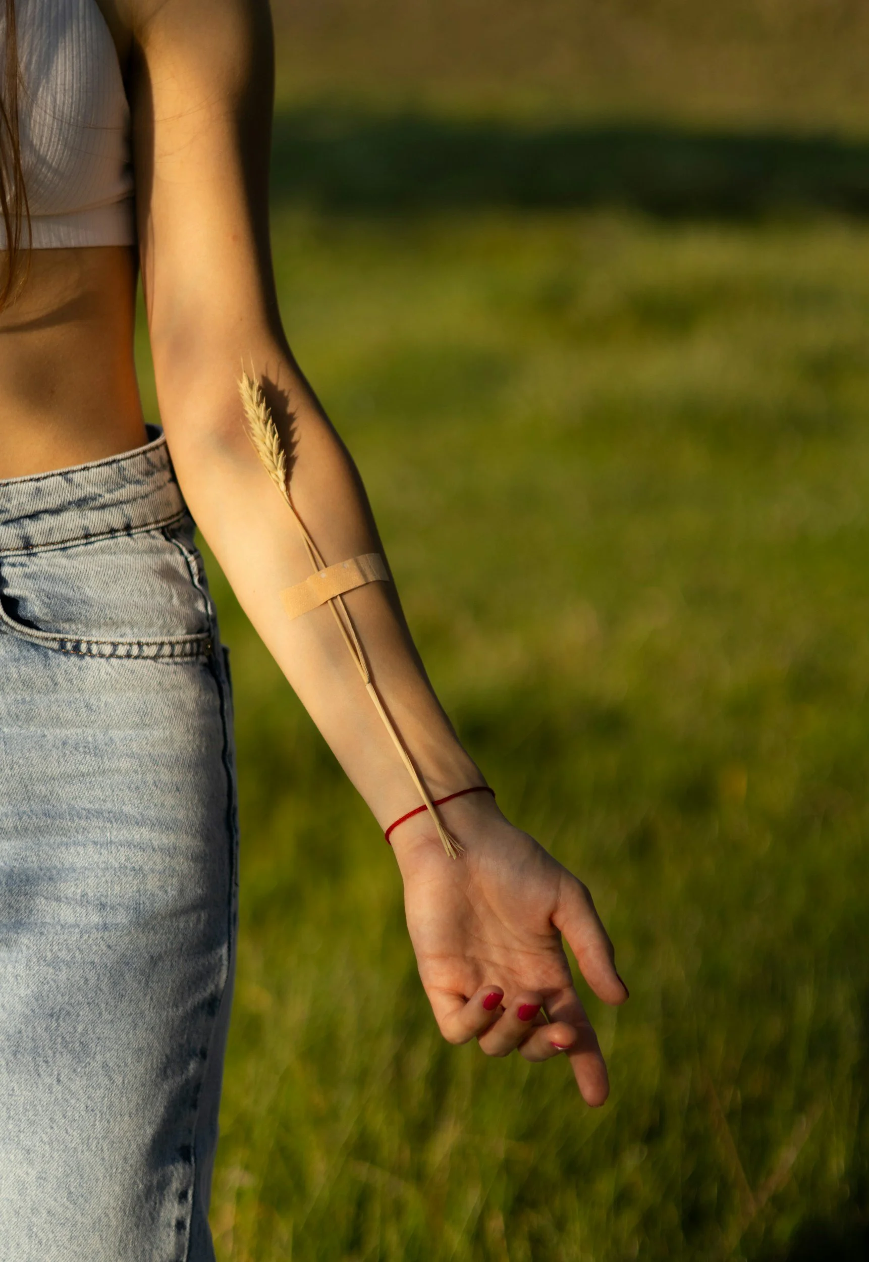 Close-up of a person's arm with a wheat stalk tucked under a bandage, standing outdoors on grass in sunlight.
