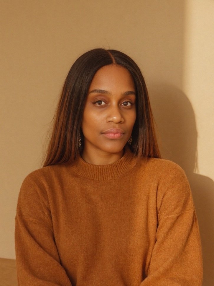 A woman with long brown hair wearing a brown sweater, looking at the camera with a neutral expression against a beige background.