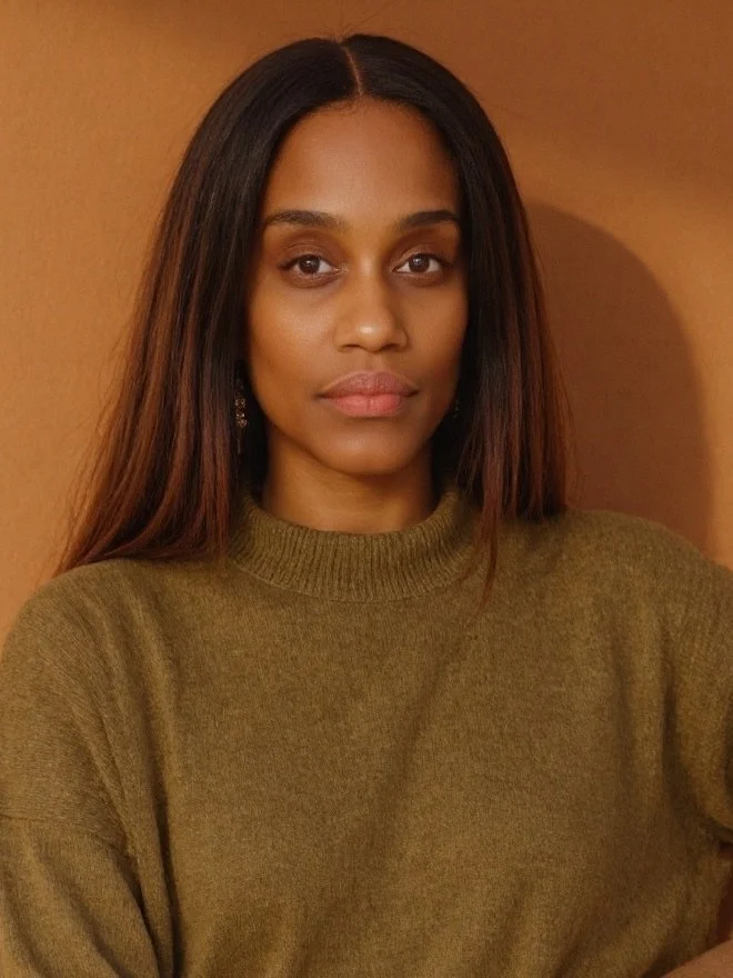 A woman with long, straight brown hair wearing a brown sweater, looking at the camera with a neutral expression against a plain brown background.