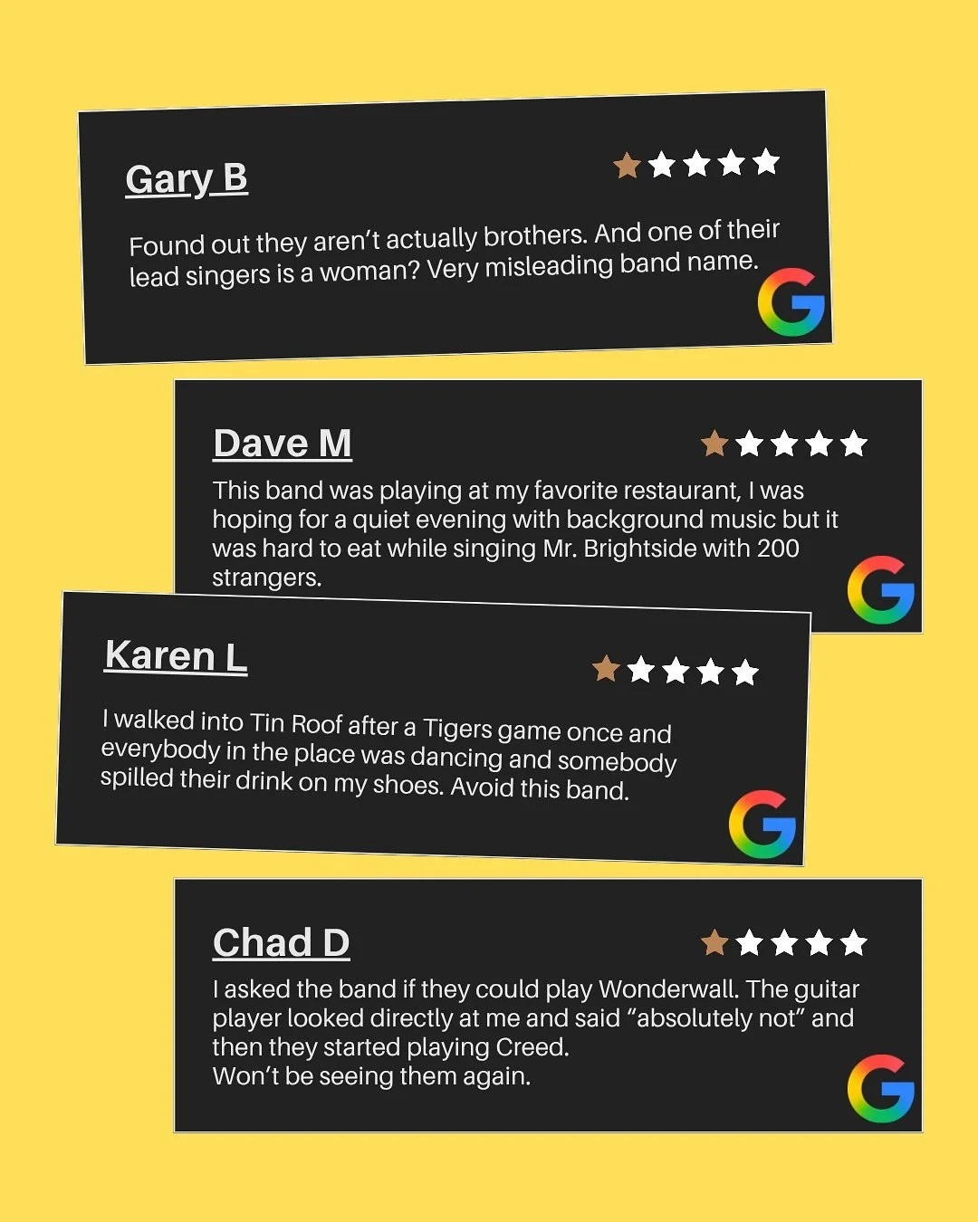 We checked our Google reviews and it&rsquo;s&hellip;concerning. Anyway, we&rsquo;ll still be at @rockandbrews in Royal Oak next Friday (4/3). Come see what everyone&rsquo;s complaining about 🎸🍻