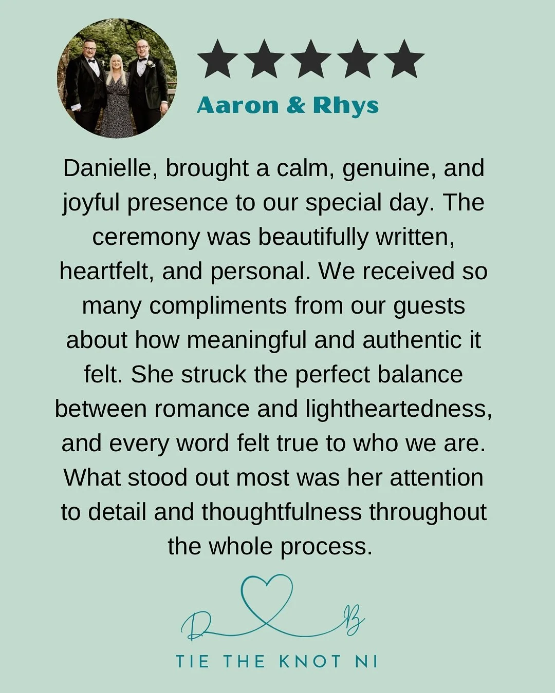 🌟 Review 🌟 

Still smiling reading these beautiful words from Aaron and Rhys who &lsquo;Tied the Knot&rsquo; in @galgormweddings ❤️

Their ceremony was everything I love about what I do&hellip; heartfelt, personal, full of laughter, and completely 