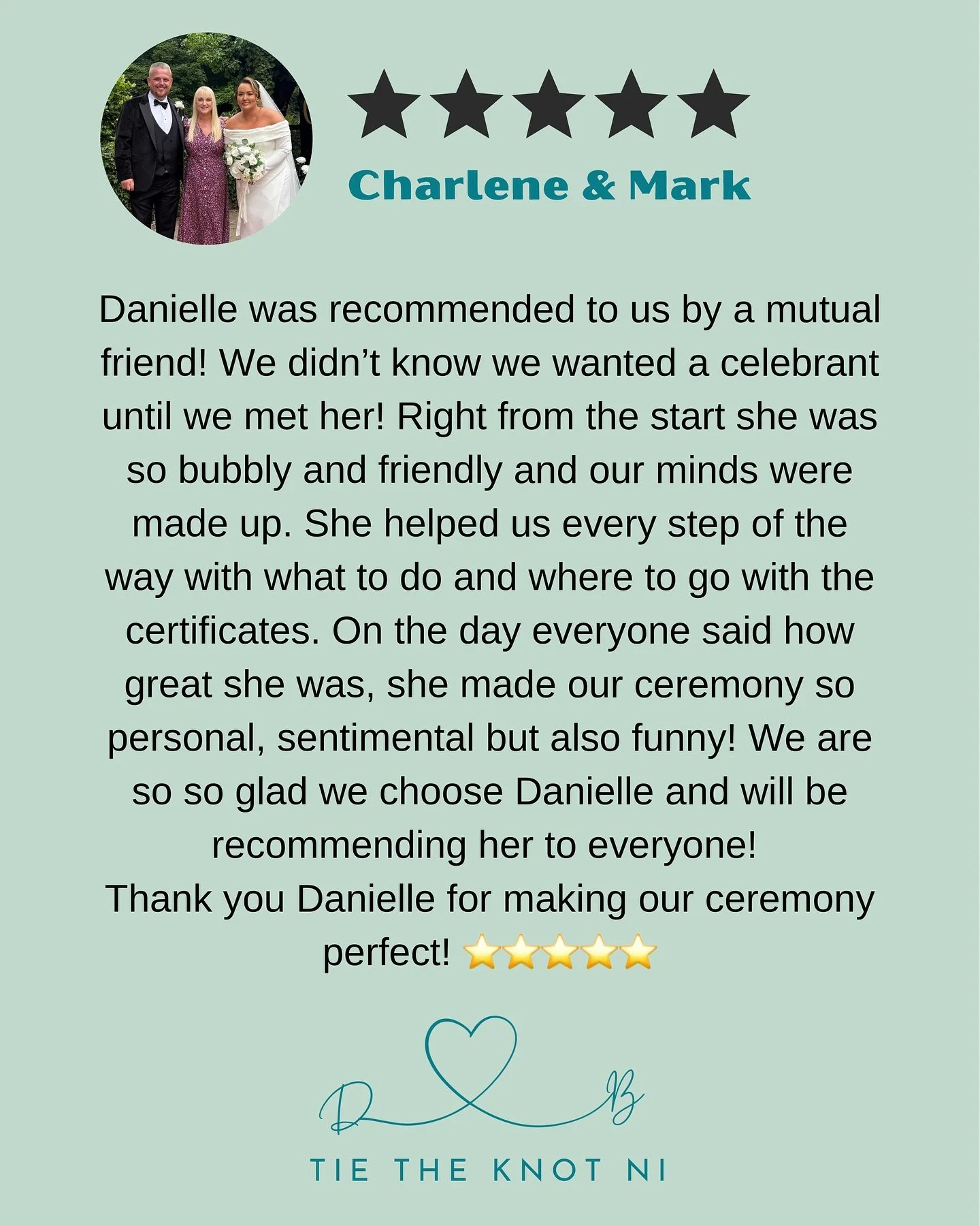 🌟 Review 🌟

I was so touched to receive this beautiful review from Charlene &amp; Mark. We first met through a mutual friend and from the moment we chatted I knew their ceremony was going to be something really special. They brought so much heart a