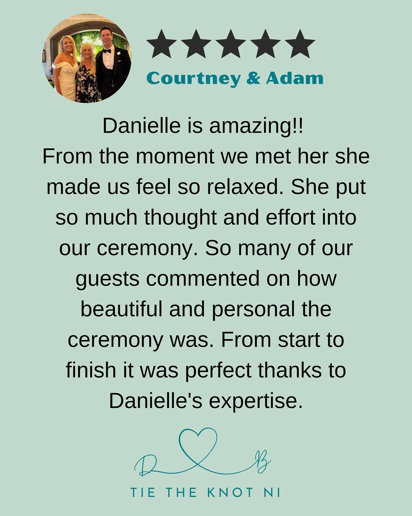 🌟 Review 🌟

Thank you so much Courtney and Adam. Your kind words mean the world. It was such a joy to stand with you both in the beautiful Boathouse at The Rabbit Hotel and share your story with all the people you love. Your ceremony was filled wit