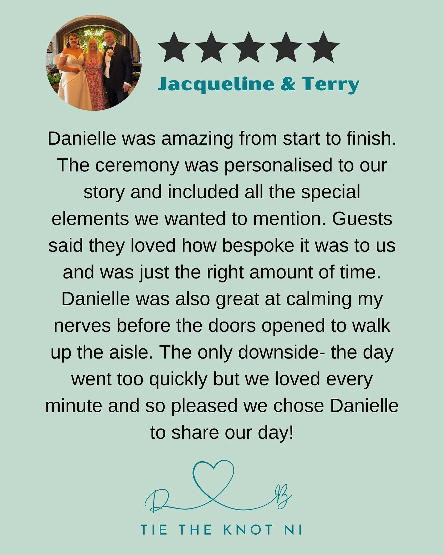 🌟 Review 🌟 

Thank you so much Jacqueline and Terry for such a gorgeous review. Honestly it means the world!

Your day was full of so much love and laughter and I absolutely loved creating a ceremony that felt completely you. Hearing that your gues