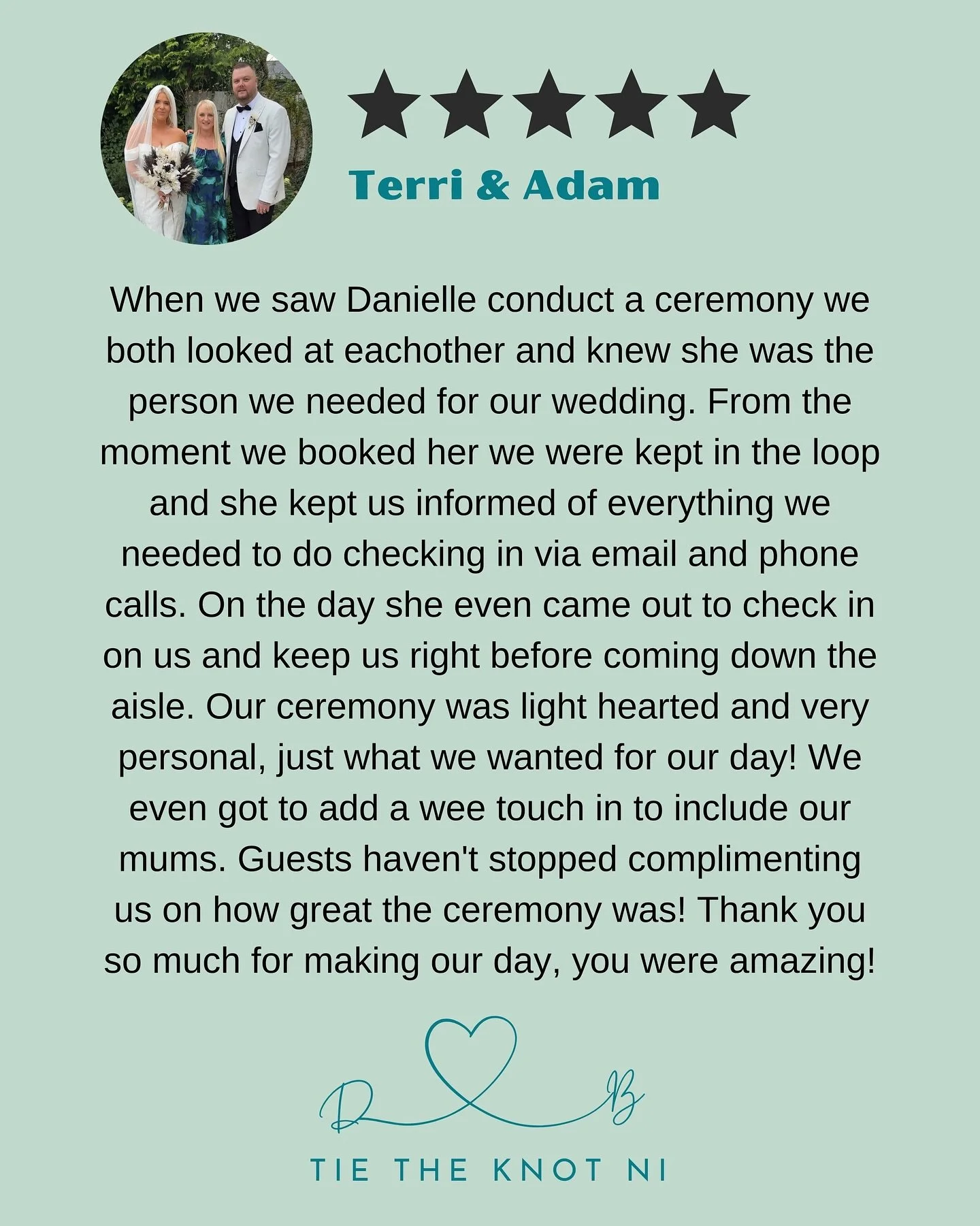 🌟 Review 🌟

Some couples book you&hellip;
Some couples choose you&hellip;
And sometimes, like Terri and Adam, they see you conduct a ceremony and just know! 🥰

From that moment, it was such a joy to walk this journey with them. Keeping them calm, 