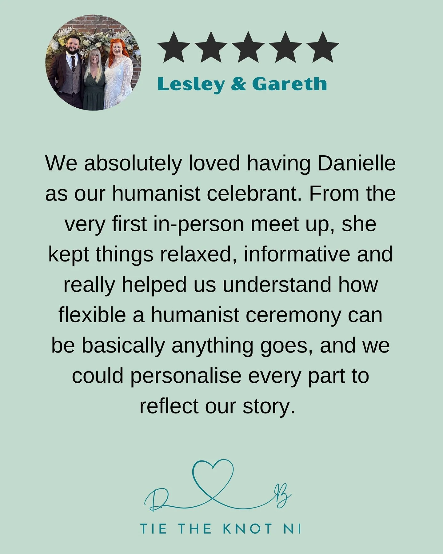 🌟 Review 🌟

Lesley and Gareth, your words genuinely mean so much to me. From our very first chat, I knew your ceremony was going to be something special, and you absolutely delivered.

Your wedding was the perfect reminder that a ceremony can be an
