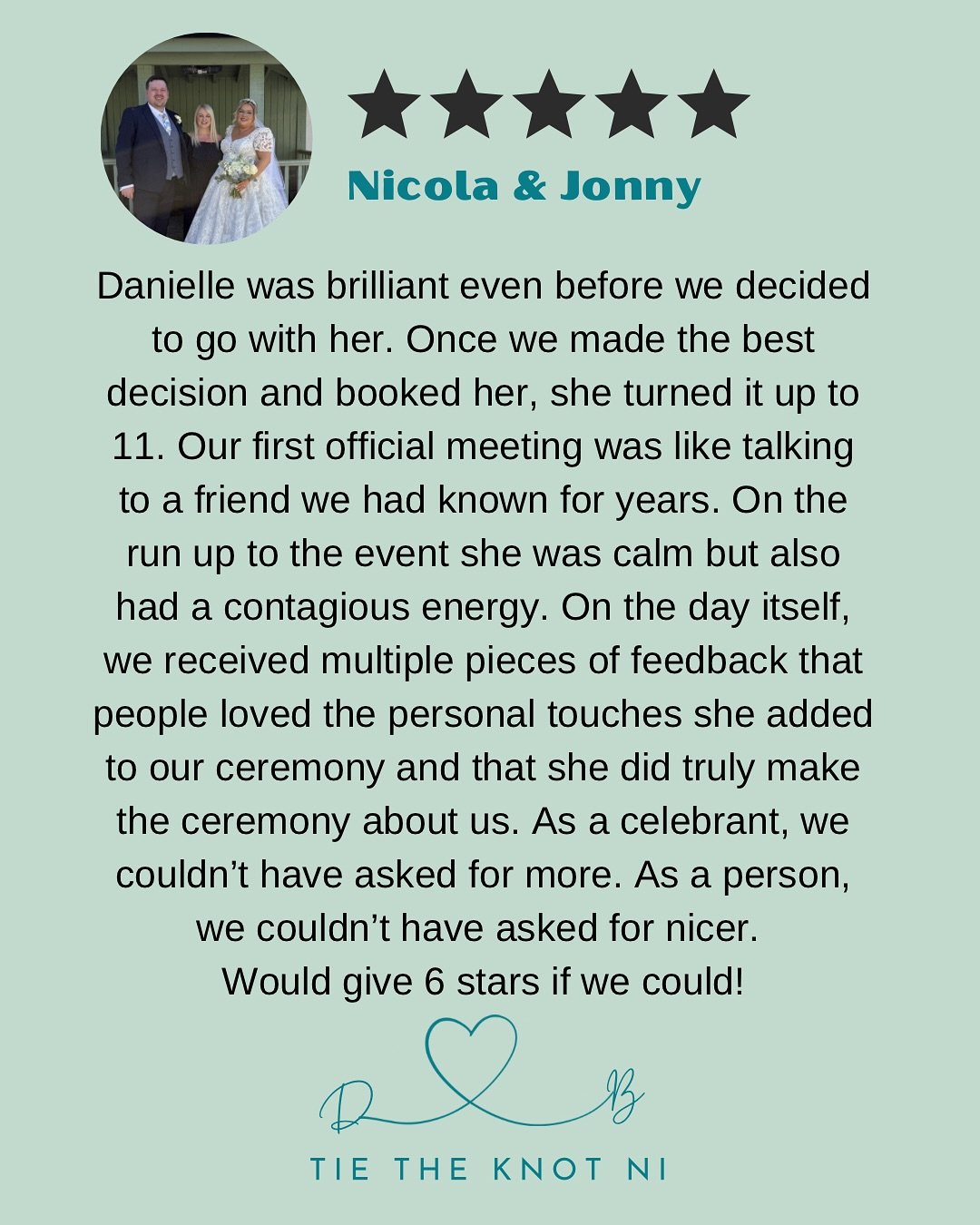 🌟 Review 🌟

6 stars?! I&rsquo;ll absolutely take that 😂⭐️

Honestly though, Nicola and Jonny were just the best craic from the minute we met. What started as a wedding meeting quickly turned into chatting like friends and by the wedding day it gen