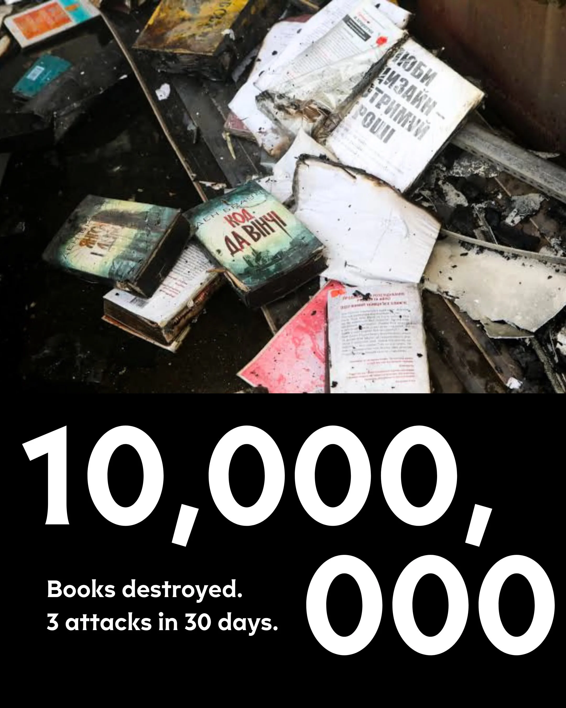 Once again, a barrage of  Russian missiles has hit Kyiv, and, once again, an important warehouse of books was obliterated. This is the 3rd major Russian attack on Ukrainian books in the last month. 

August 1, 2026 - Kharkiv.
Ranok Publishing warehou