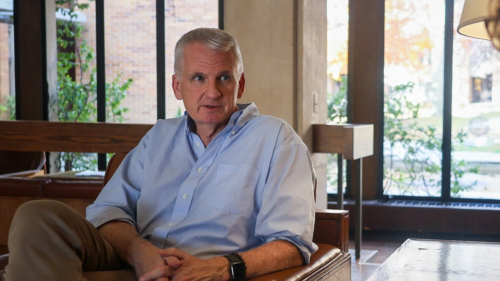 Dr. Timothy Snyder seated and being interviewed before lecture at University of Toronto