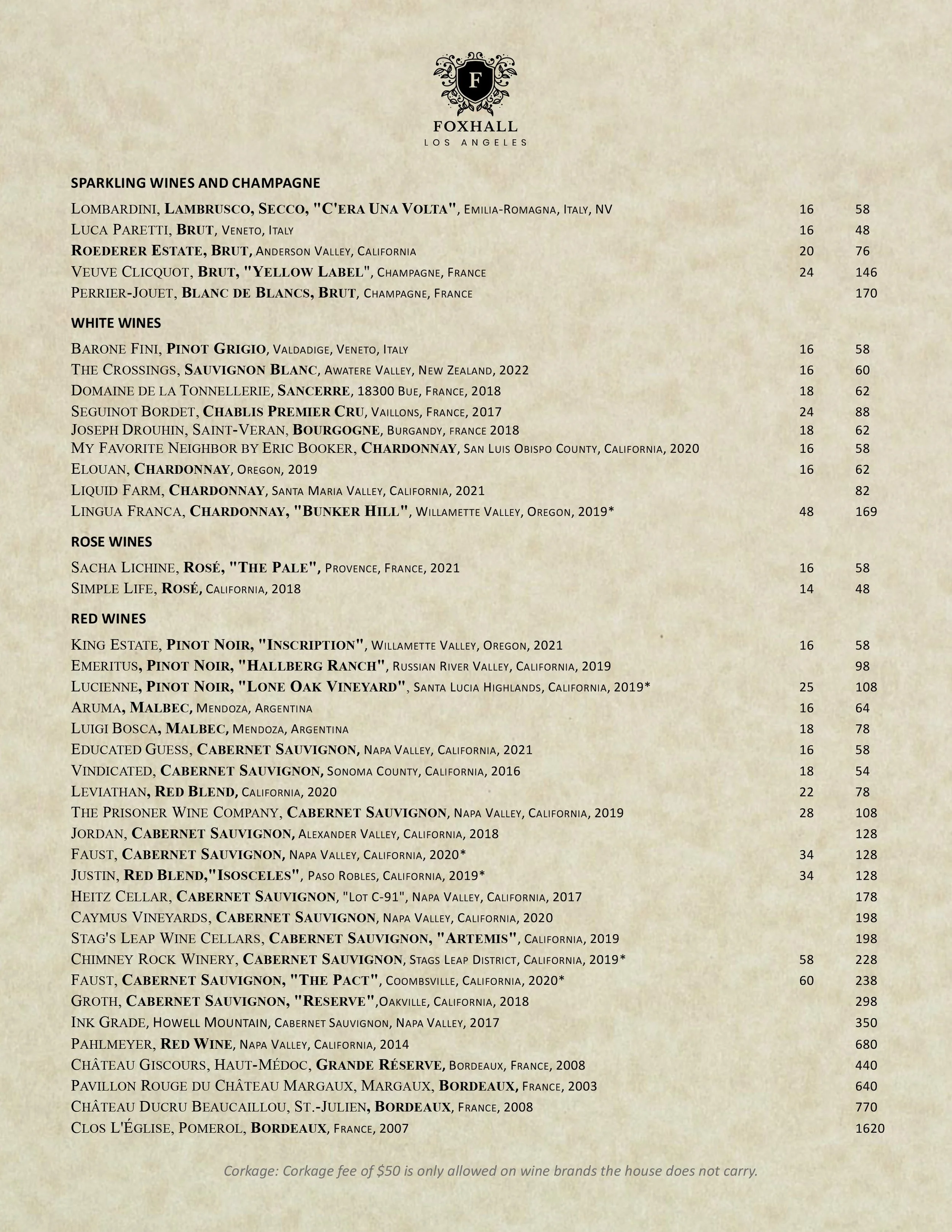 Wine List — FOXHALL STEAKHOUSE