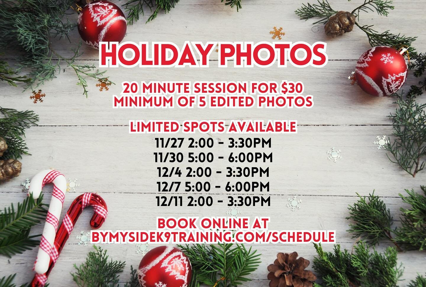 🎁 Holiday Photos! 🎁 
Limited 20 minute slots
📸 $30 for a minimum of 5 edited photos! 
Book Now on the scheduling page on our website!
.
.
.
#holiday #happyholidays #christmasphotos #dogphotography #dogphotoshoot #holidaydog #dogholidayphotos #stat