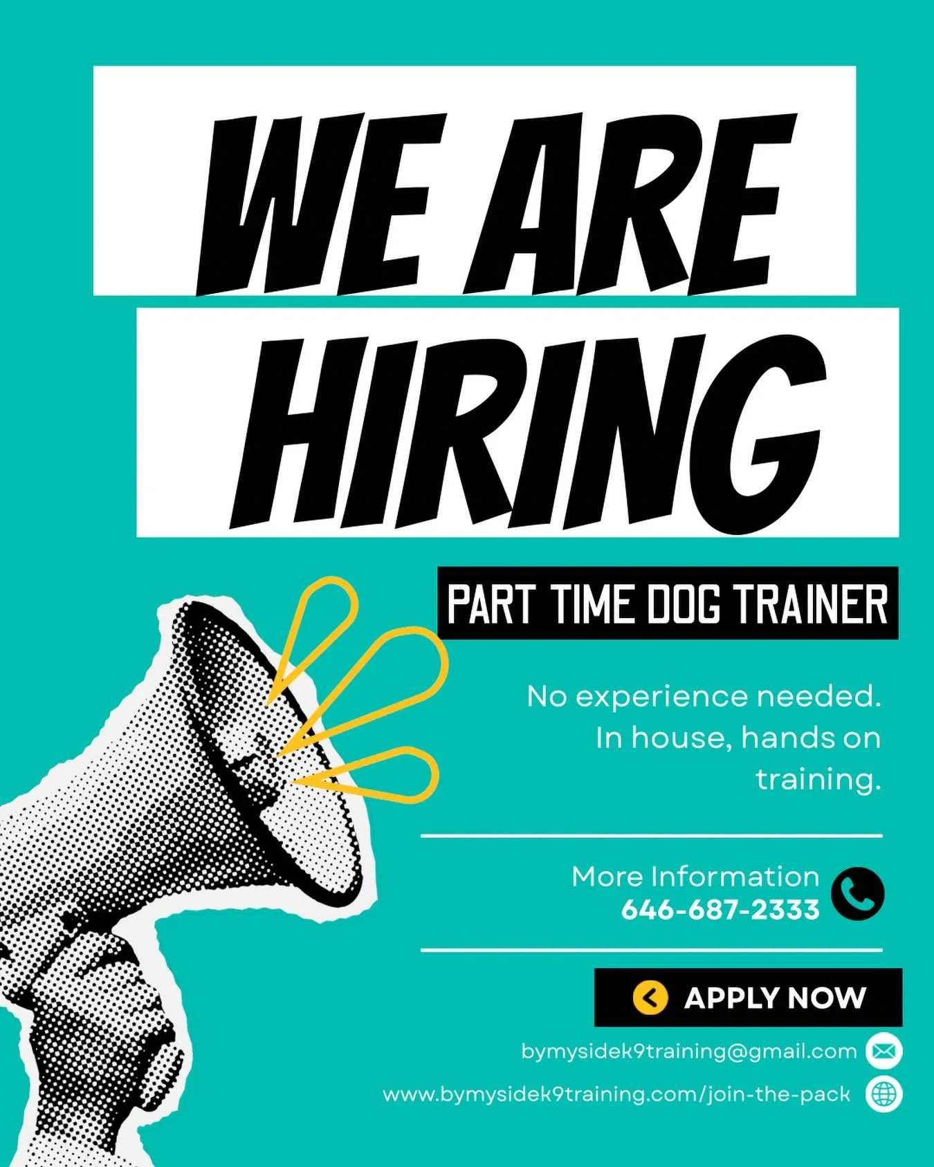 🚨 WE&rsquo;RE HIRING 🚨
Ready to turn your love for dogs into something more? 

By My Side K9 Training is looking for a part-time dog trainer to join the pack. No previous training experience needed! We provide in house, hands on training and mentor