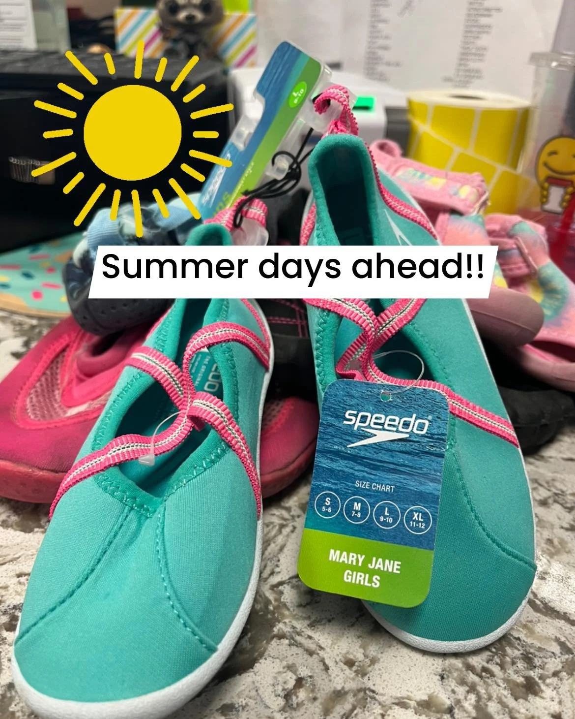 Another sneak peek of what I&rsquo;m working on getting out this week! We have enough swimsuits for the entire city 😜, swim shoes aren&rsquo;t as common, but we have more than a few!