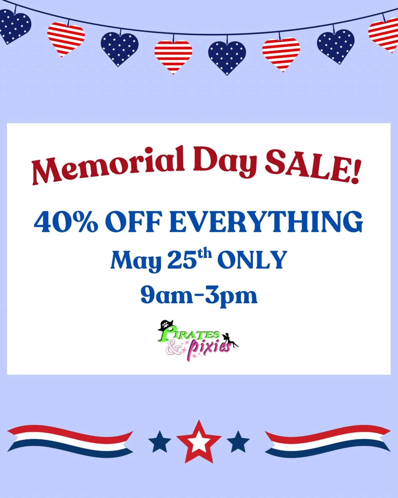 🇺🇸 MEMORIAL DAY SALE 🇺🇸

40% OFF our ENTIRE store for ONE DAY ONLY!

If you&rsquo;ve been waiting to stock up on summer clothes, toys, baby gear, shoes, books, or all the things your kids suddenly need&hellip; this is the day 👀

🛍 Monday, May 2