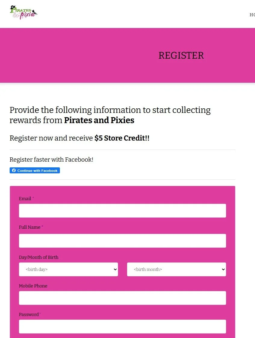 Online registration form for Pirates and Pixies rewards program, with pink background and fields for email, full name, birth date, mobile phone, and password.