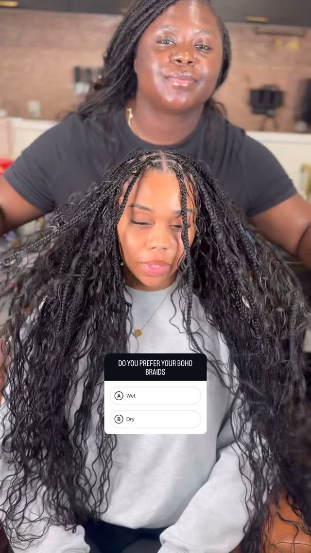 Medium waist length bohemian knotless braids, extra full with human hair curl ends