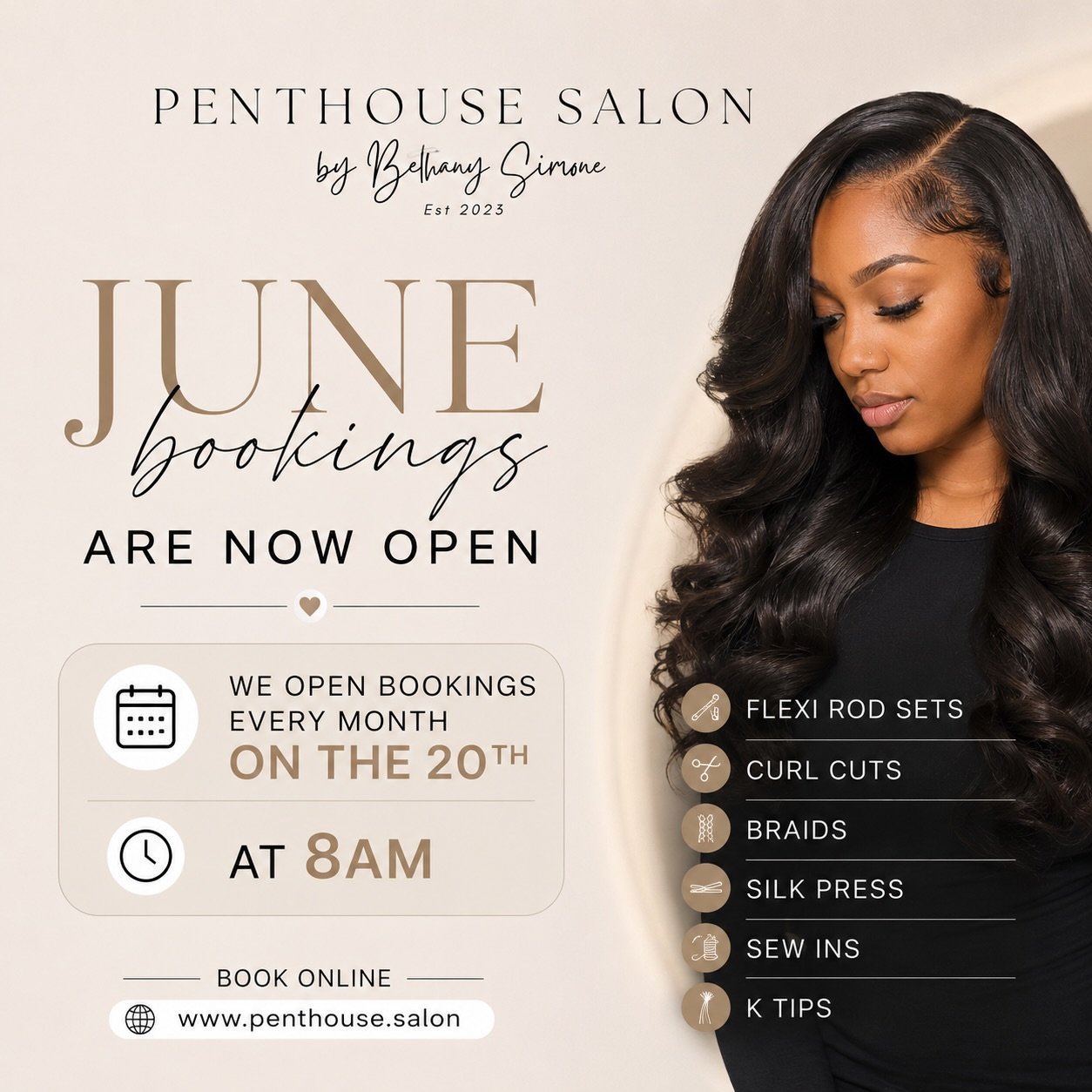 June bookings are officially OPEN at The Penthouse Salon ✨🤍

We open our books every month on the 20th at 8AM and appointments go quickly! Thank you for continuing to trust us with your hair, your confidence, and your luxury salon experience.

Now b