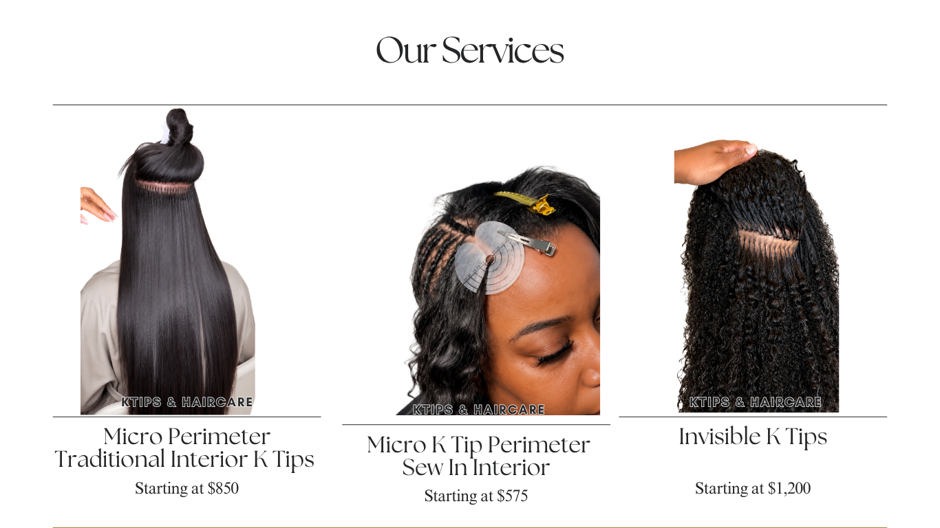 Luxury K-Tip extension services at The Penthouse Salon in Braintree, MA, featuring traditional interior K-Tips, micro perimeter K-Tips, and invisible K-Tips for seamless, natural-looking hair extensions.