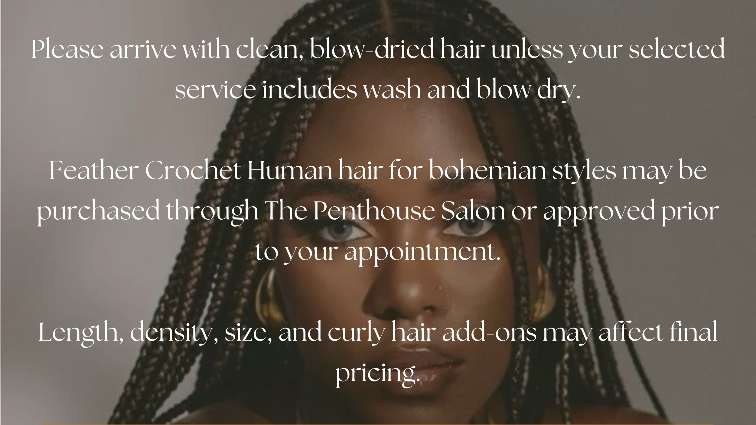 Braid service information banner at The Penthouse Salon in Braintree, MA, highlighting appointment preparation, extension guidelines, and pricing information for protective braid services.
