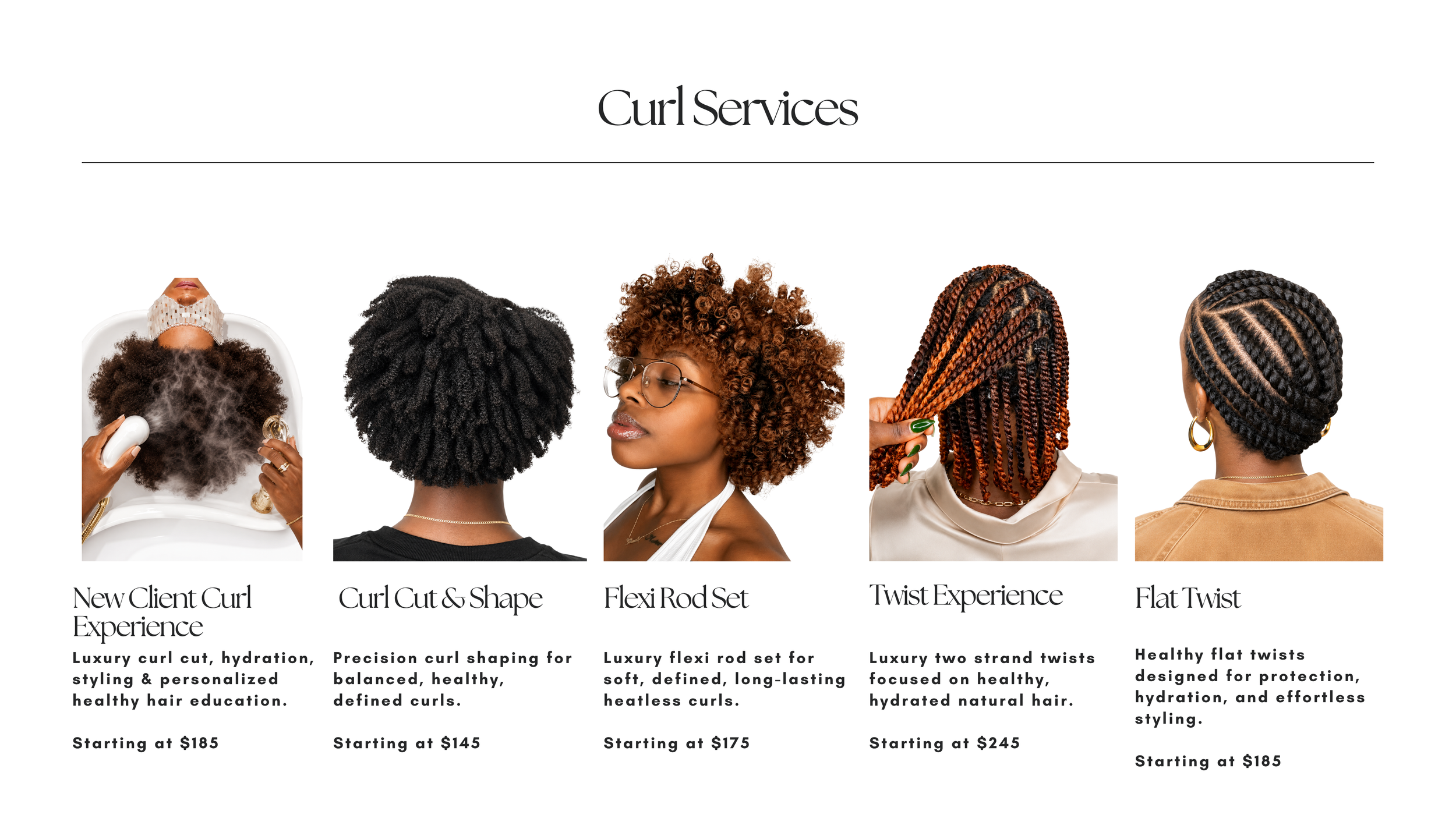 Luxury curl services at The Penthouse Salon in Braintree, MA, featuring a new client curl experience, precision curl cuts, flexi rod sets, twist styles, and flat twists for healthy, hydrated, defined natural and textured hair.