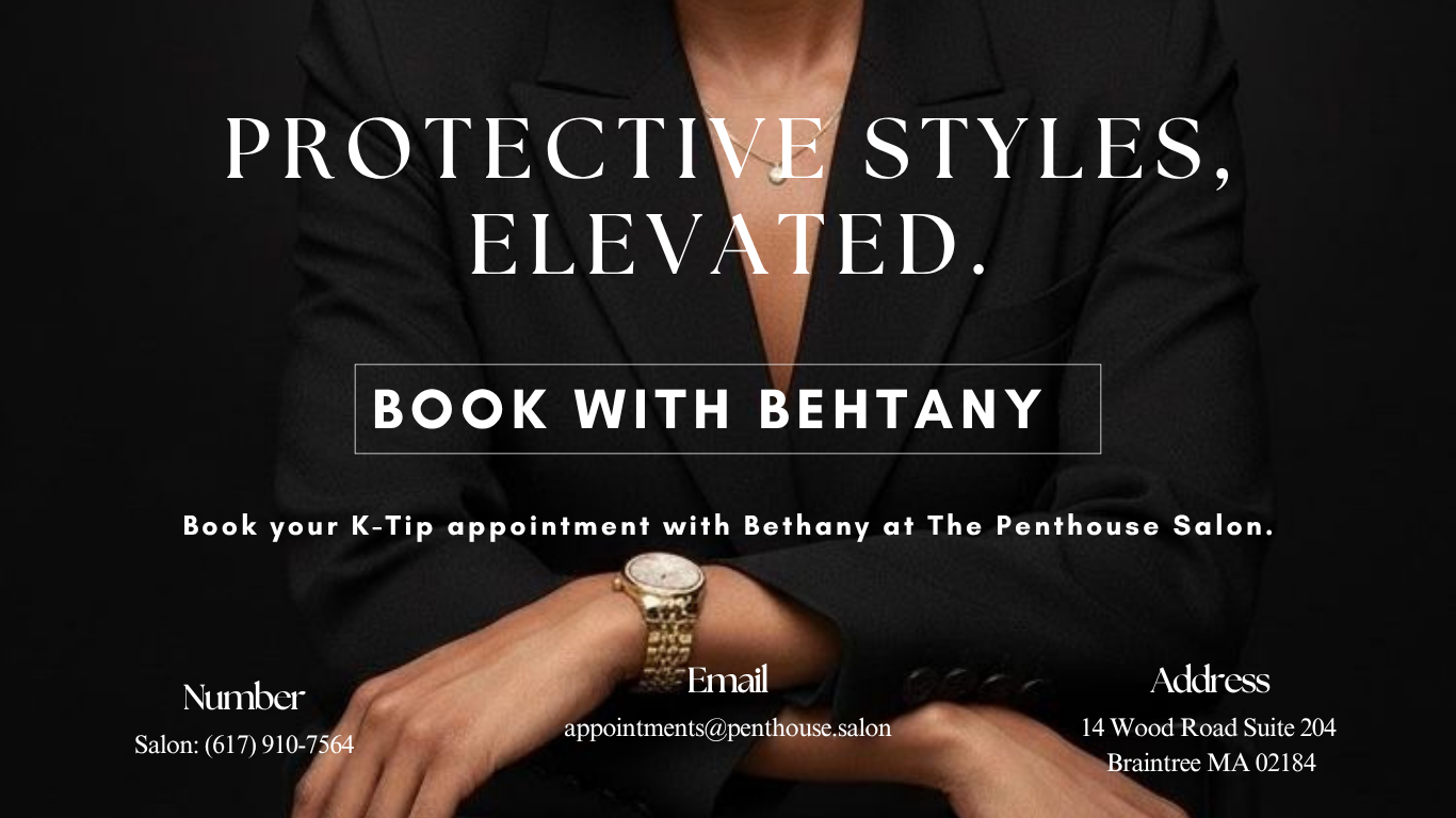 Luxury K-Tip extension booking banner featuring Bethany, owner of The Penthouse Salon. Book professional K-Tip hair extensions in Braintree, MA specializing in seamless blends, healthy hair, and luxury extension installations.