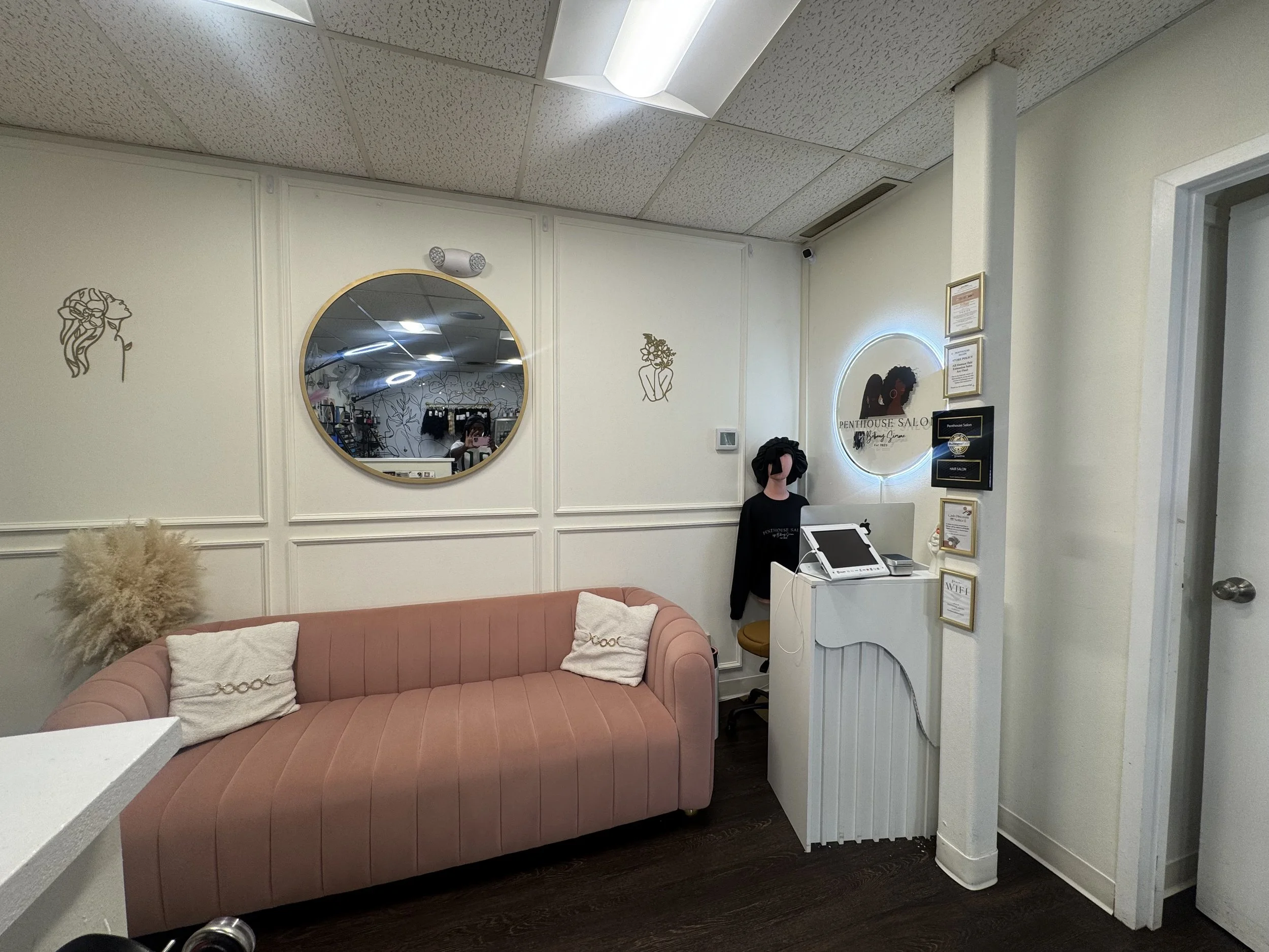 Interior of a salon with a pink sofa, decorative wall art, a mirror, reception desk with a computer, and salon decor.