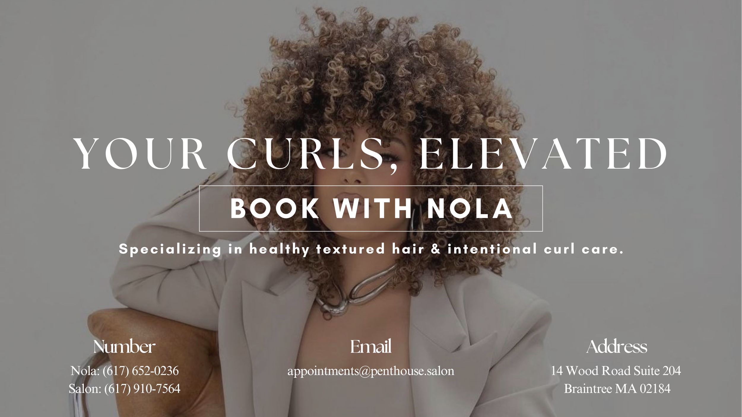Book curl services with Nola at The Penthouse Salon in Braintree, MA. Curl specialist offering healthy textured hair care, hydration, precision curl cuts, wash-and-gos, and curl styling.
