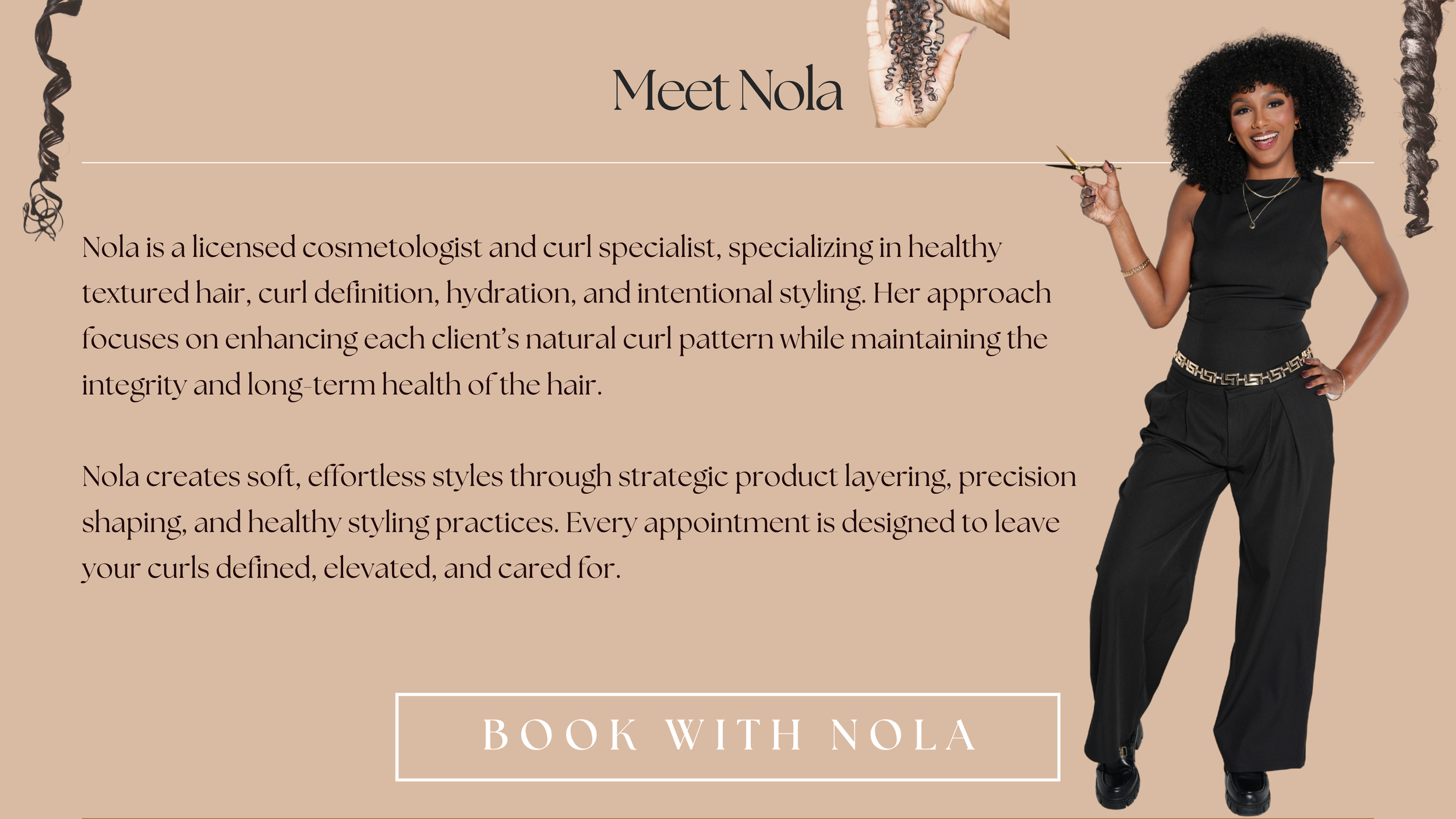 Meet Nola, curl specialist at The Penthouse Salon in Braintree, MA, offering curl cuts, wash-and-gos, hydration treatments, twist sets, and personalized textured hair care to enhance natural curl patterns while maintaining healthy hair.